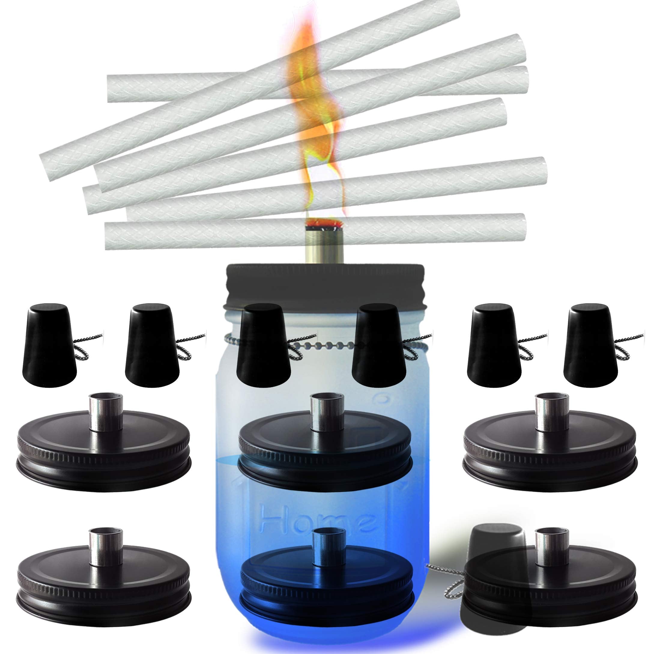 Mason Jar Tabletop Torches Kits,6 Pack Regular Mouth Lids with Protective Tube,Long Life Fiberglass Wicks and Caps,Outdoor Oil L