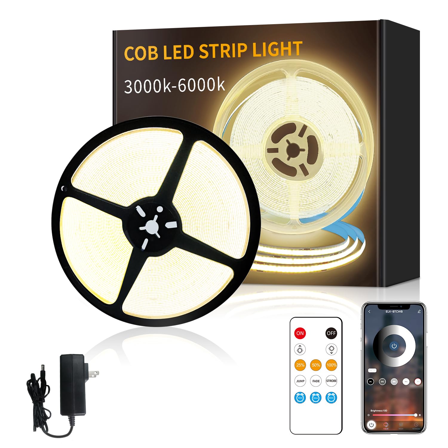 Yeewhale Cob Led Strip Lights 50Ft,3000K Dc 24V Dimmable Warm White Flexible Led Rope Lights For Bedroom,With Remote And App Control Led Lights Strip For Living Room, Shelf, Cabinet