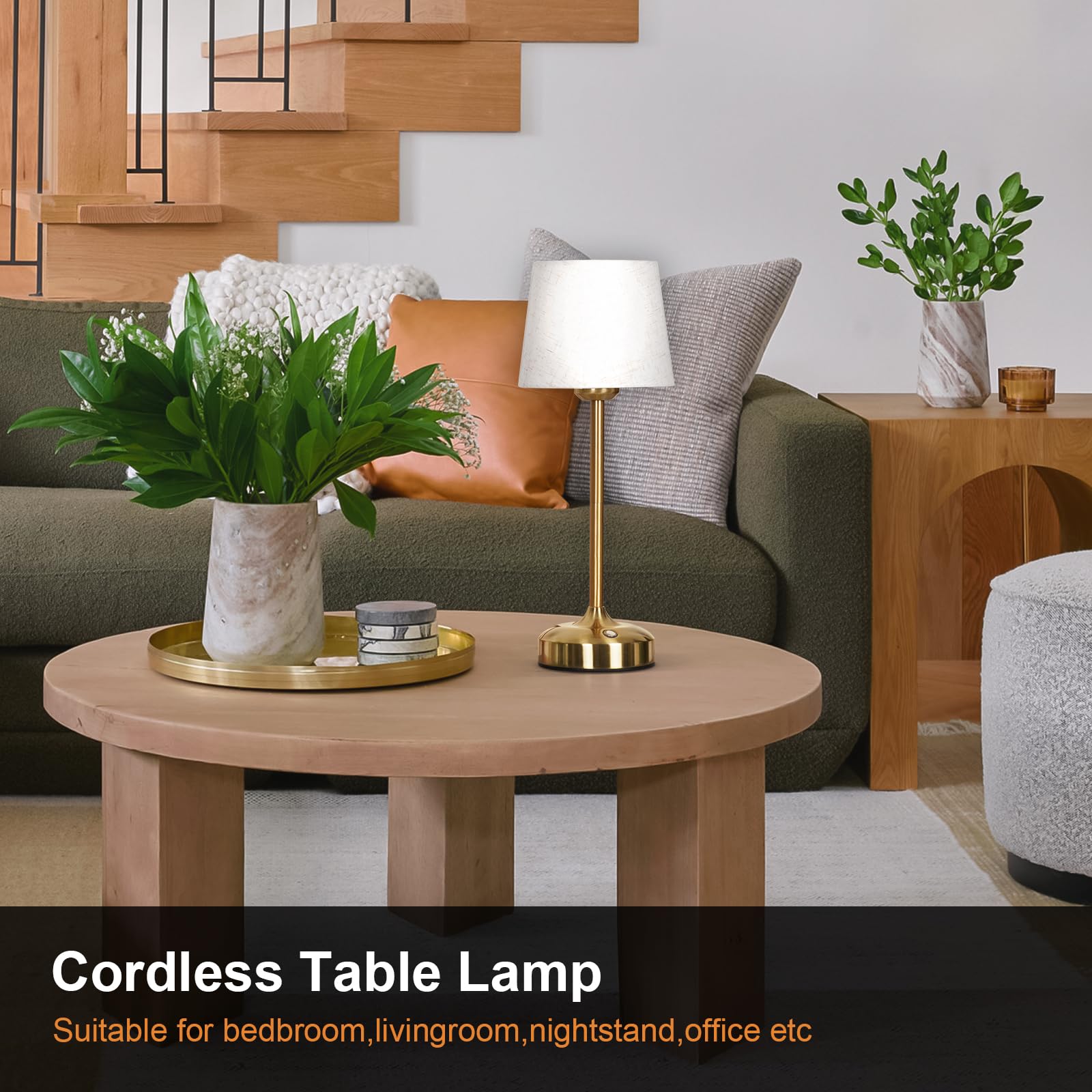 YAYZA! Cordless Table Lamp - Adjustable Height, Fabric Shade, 7500mAh Rechargeable, Short Gold - 5.9" x 5.9" x 15.