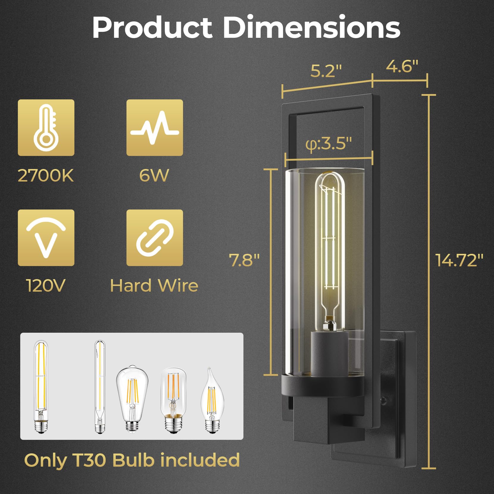 CINOTON Black Wall Sconces Set of 2, 15in Matte Black Hardwired Vintage Light Fixtures, Clear Glass, Model STR-WL-0016