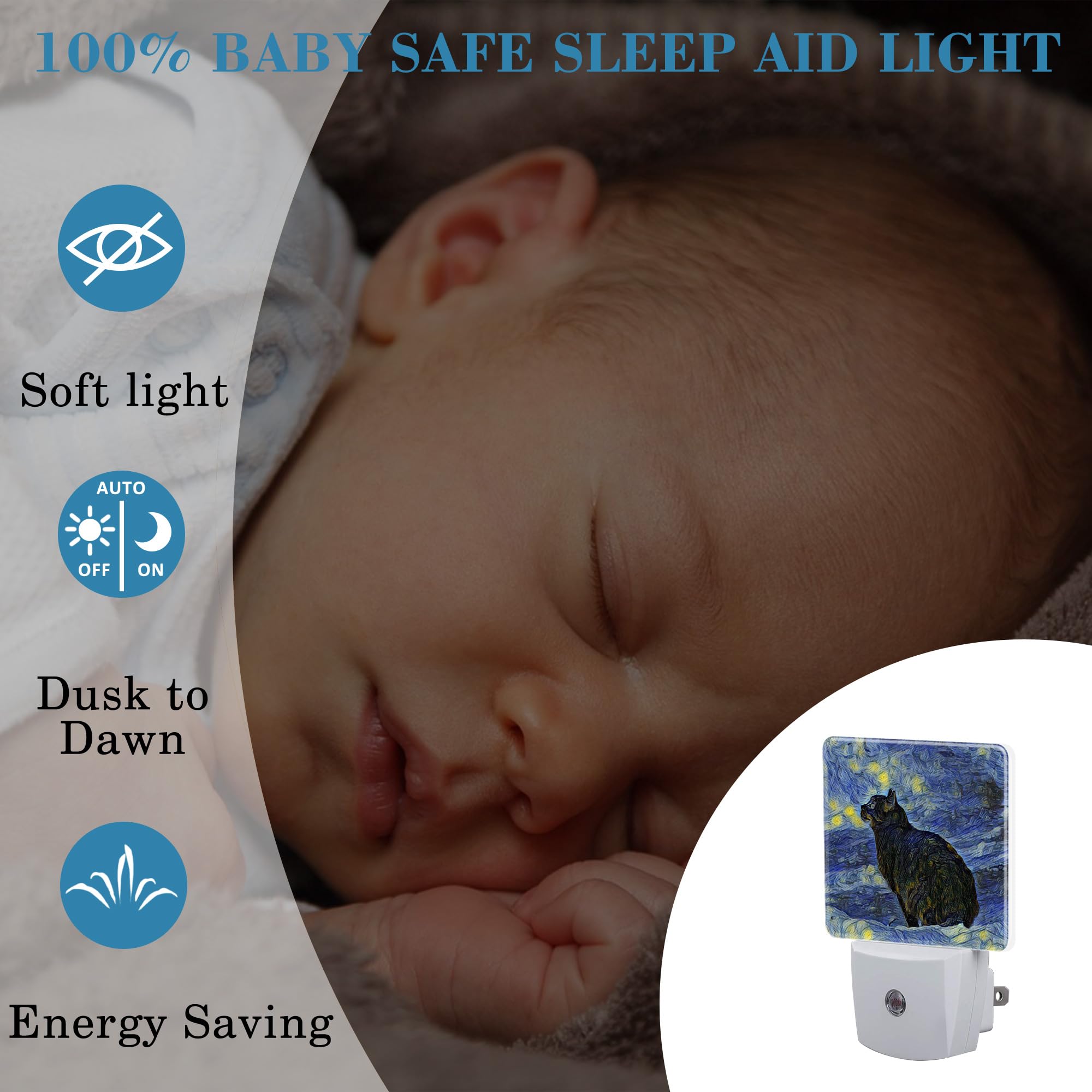 Uiaoiais Plug In Night Lights Starry Sky Black Cat Painting Nightlight Plug Into Wall Dusk To Dawn Sensor Led Night Light For Ki
