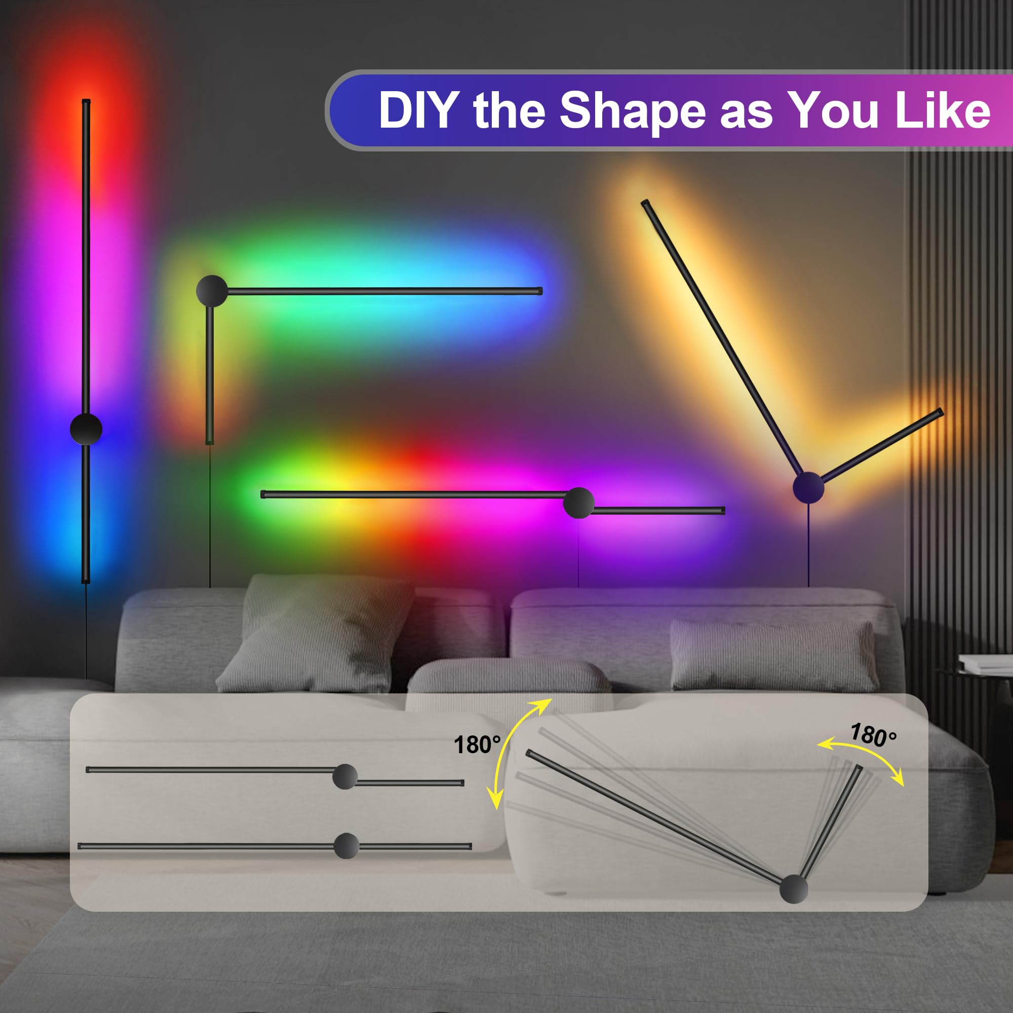 GOODATE RGB LED Wall Sconces Set of Two, 15 Color Modes, 39.4 Inches, Aluminum Alloy, Black Plug-in, Model GZ-3CCT-2PACK