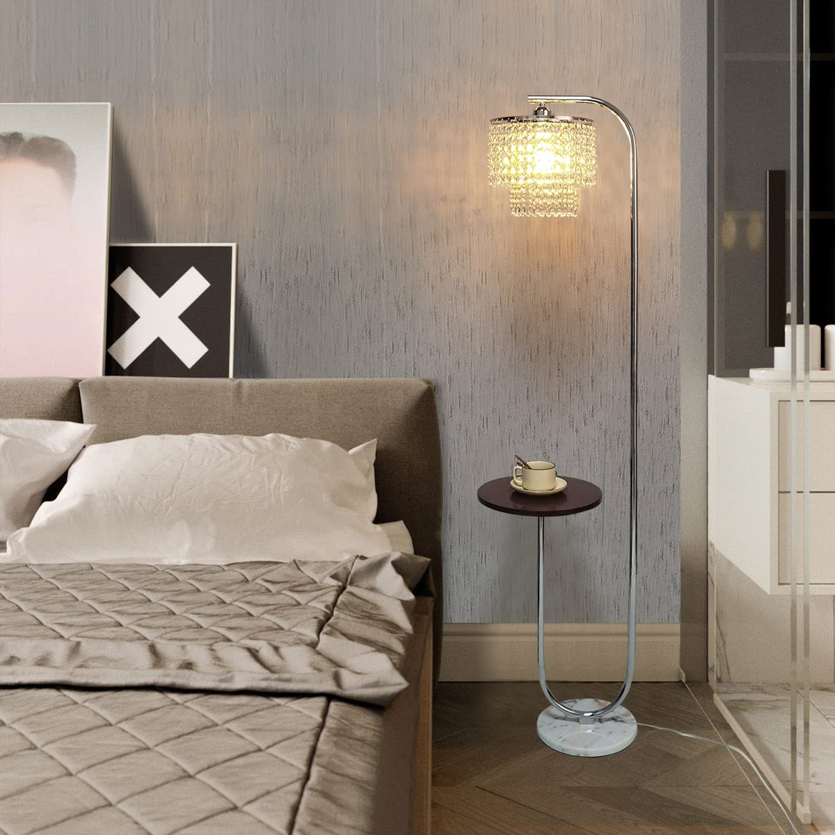Hsyile Arc Crystal Floor Lamp For Living Room - Marble Base Modern Tall Stand Up Light With Table,Contemporary Over The Couch Ch