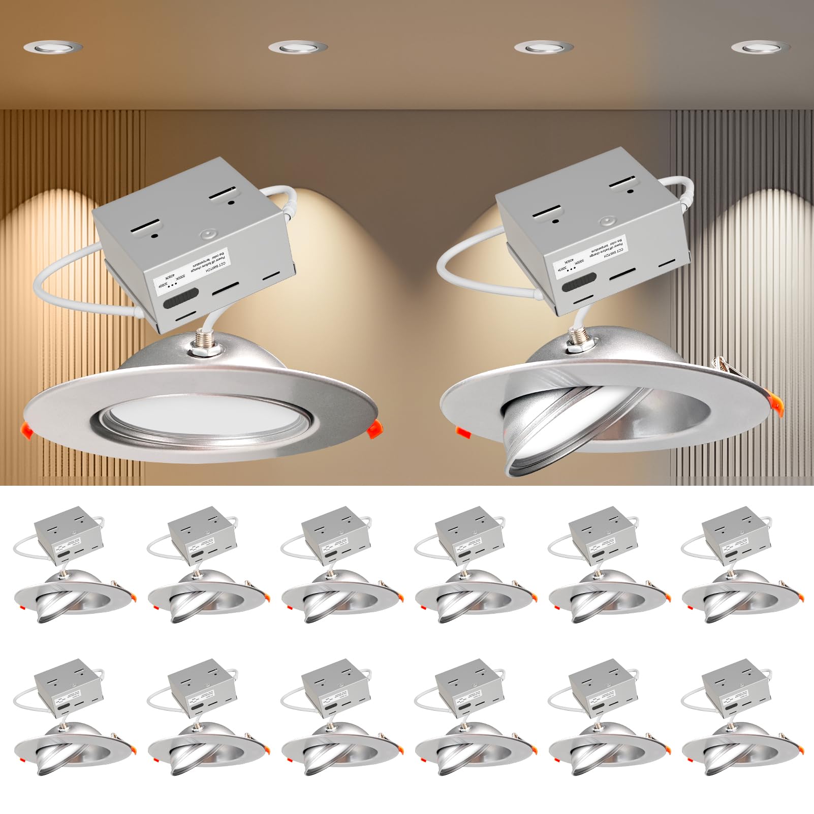 Lightdot 12 Pack 6 Inch Led Gimbal Recessed Lighting  360+90 Adjustable  3Cct Selectable & Dimmable (5%-100%)  1300Lm Ultra Bright Canless Downlight  Etl/Fcc Certified For Living Room/Kitchen-Silver