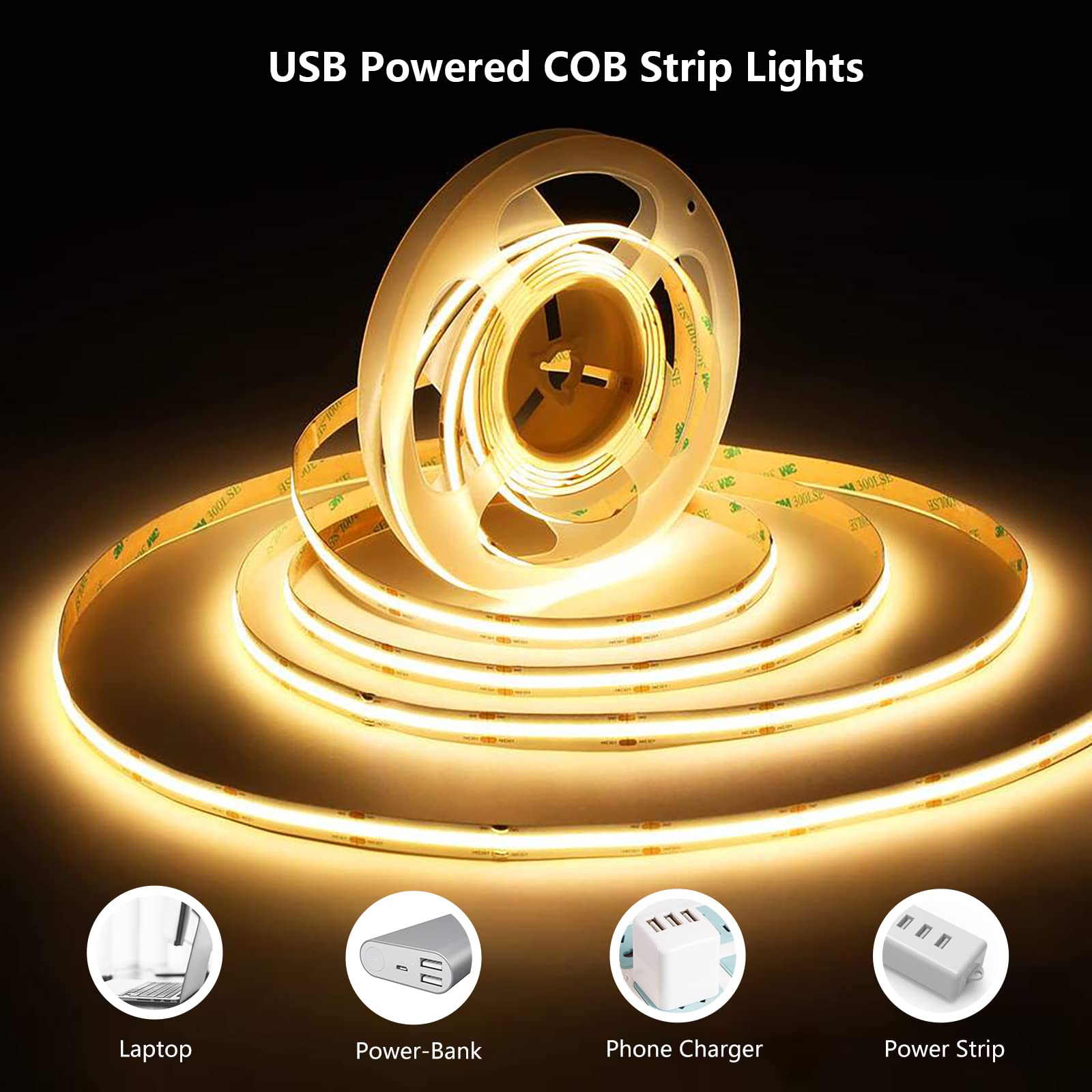 Glpe Cob Led Lights For Bedroom, Usb Powered, 16.4Ft 1600Leds, Warm White Strip Lights, Dimmable, Flexible, 3M Adhesive Tape, Fo