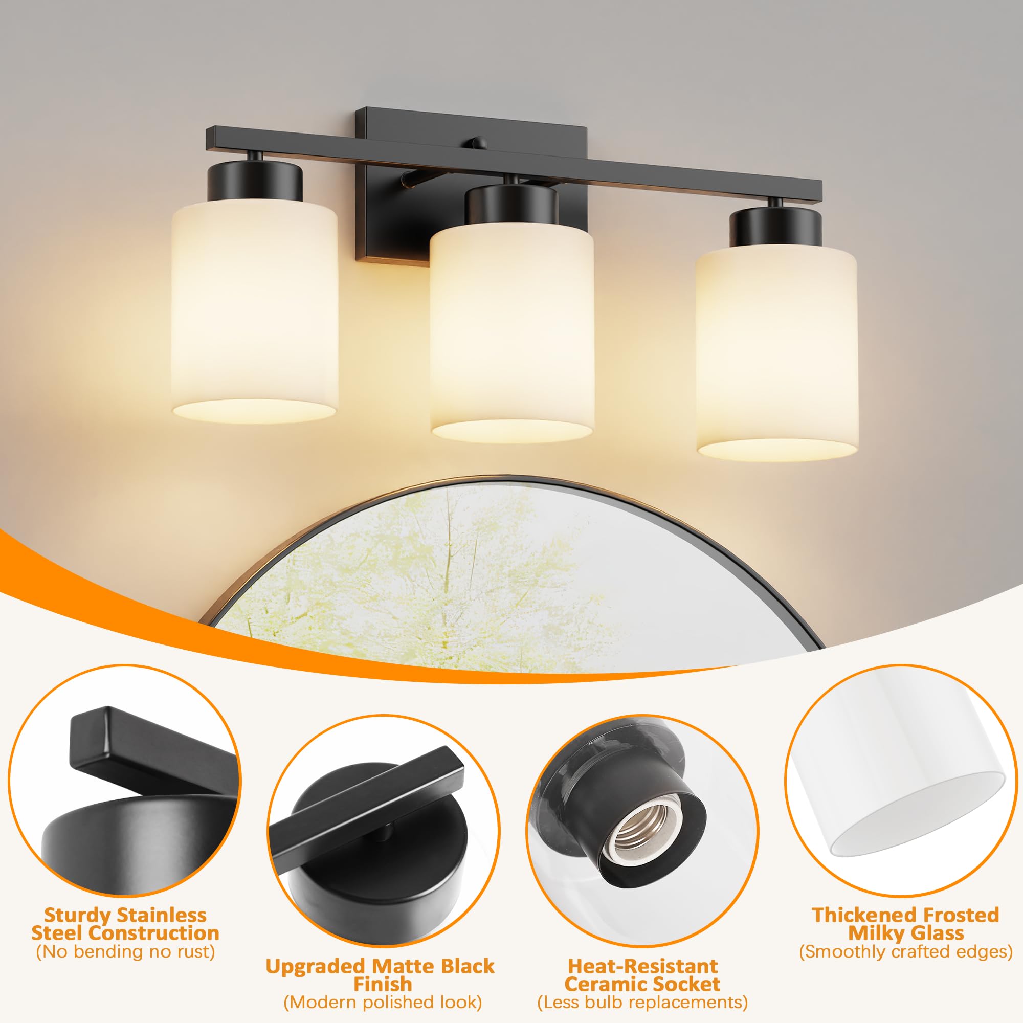 Partphoner 3-Light Matte Black Bathroom Light Fixtures  Modern Vanity Light Over Mirror Lighting  Wall Sconce With Frosted Milky White Glass Shades For Bedroom Living Room Kitchen Hallway