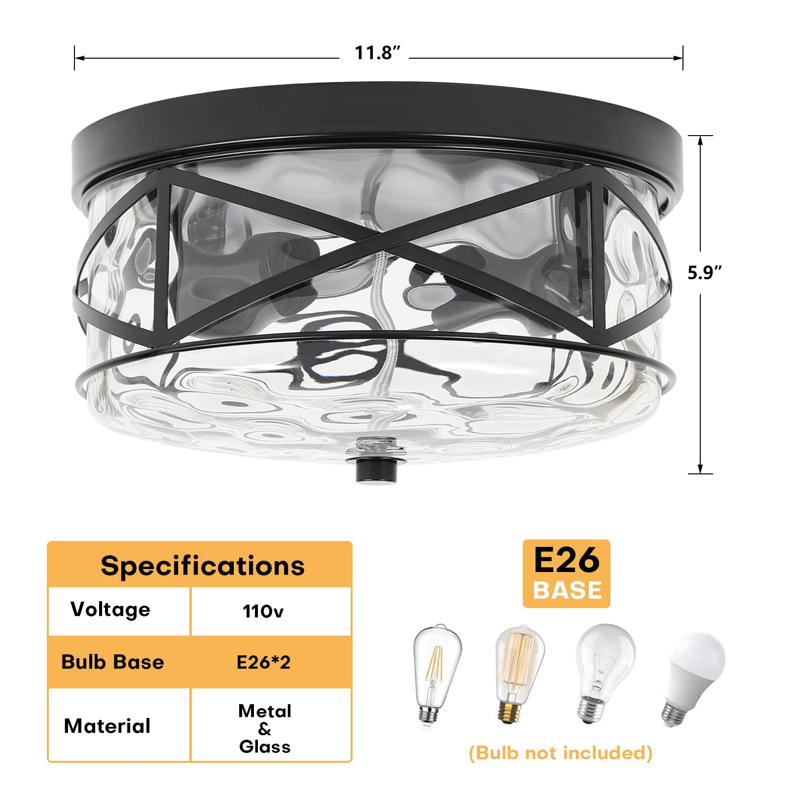 Lamqee 2-Light Black Flush Mount Ceiling Light With Bubble Glass For Kitchen, Living Room, Foyer