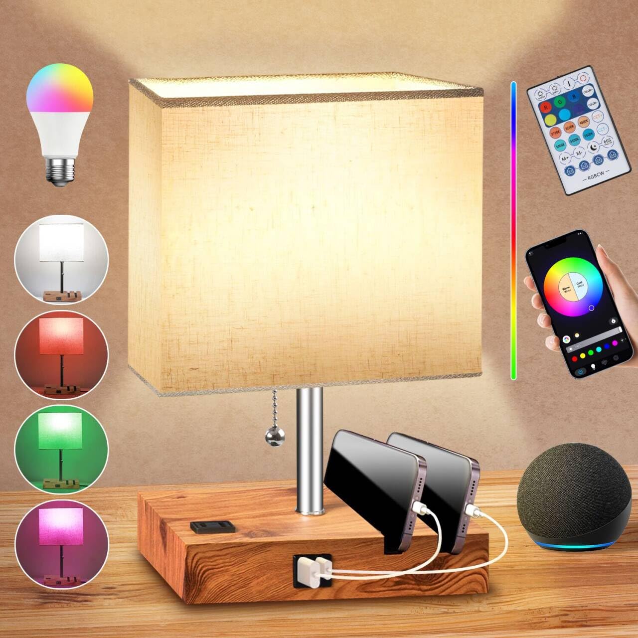 Smart Rgb Dimmable Table Lamp Work With Alexa&App&Remote Control, Bedside Desk Lamp With Charging Ports&Outlet&Phone Stand, Musi