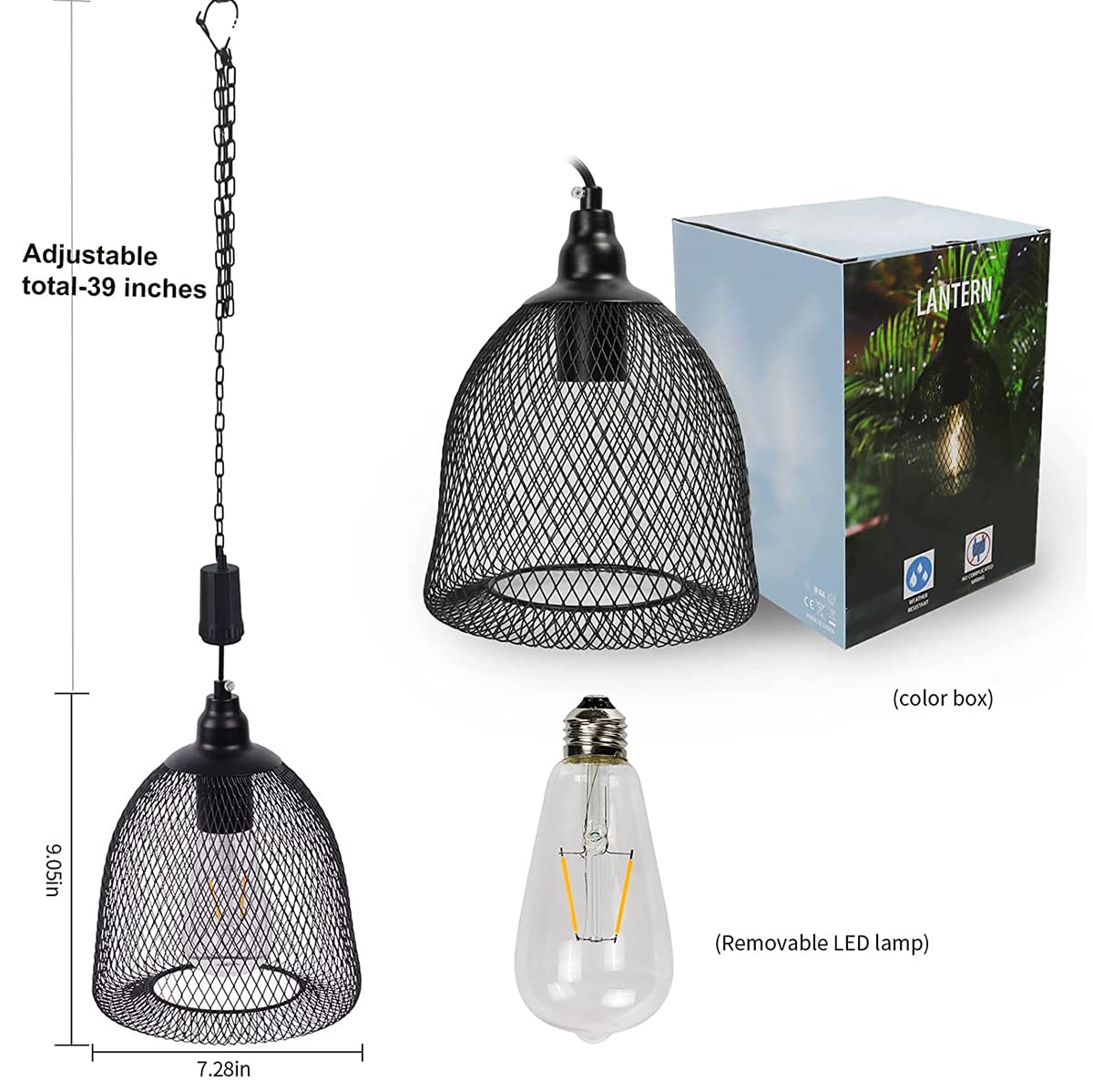 Battery Operated Hanging Light -Retro Decor Lamp Black Metal Mesh Lamp Edison Bulb Lights With 6 Hours Timeroutdoor Pendant Chan