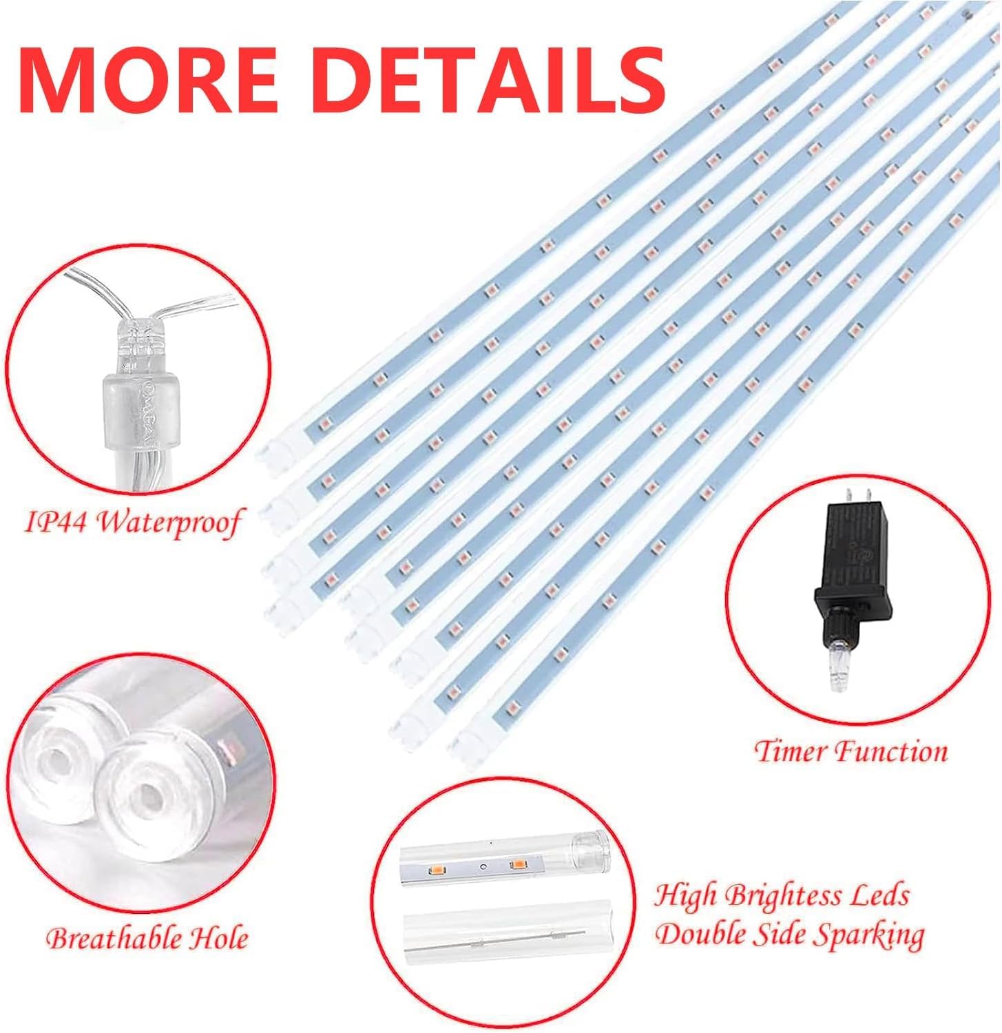 EXF 2-Pack Outdoor Christmas Decorations Lights, 432LED Meteor Shower, Timer, 30cm Tubes, Red White Blue