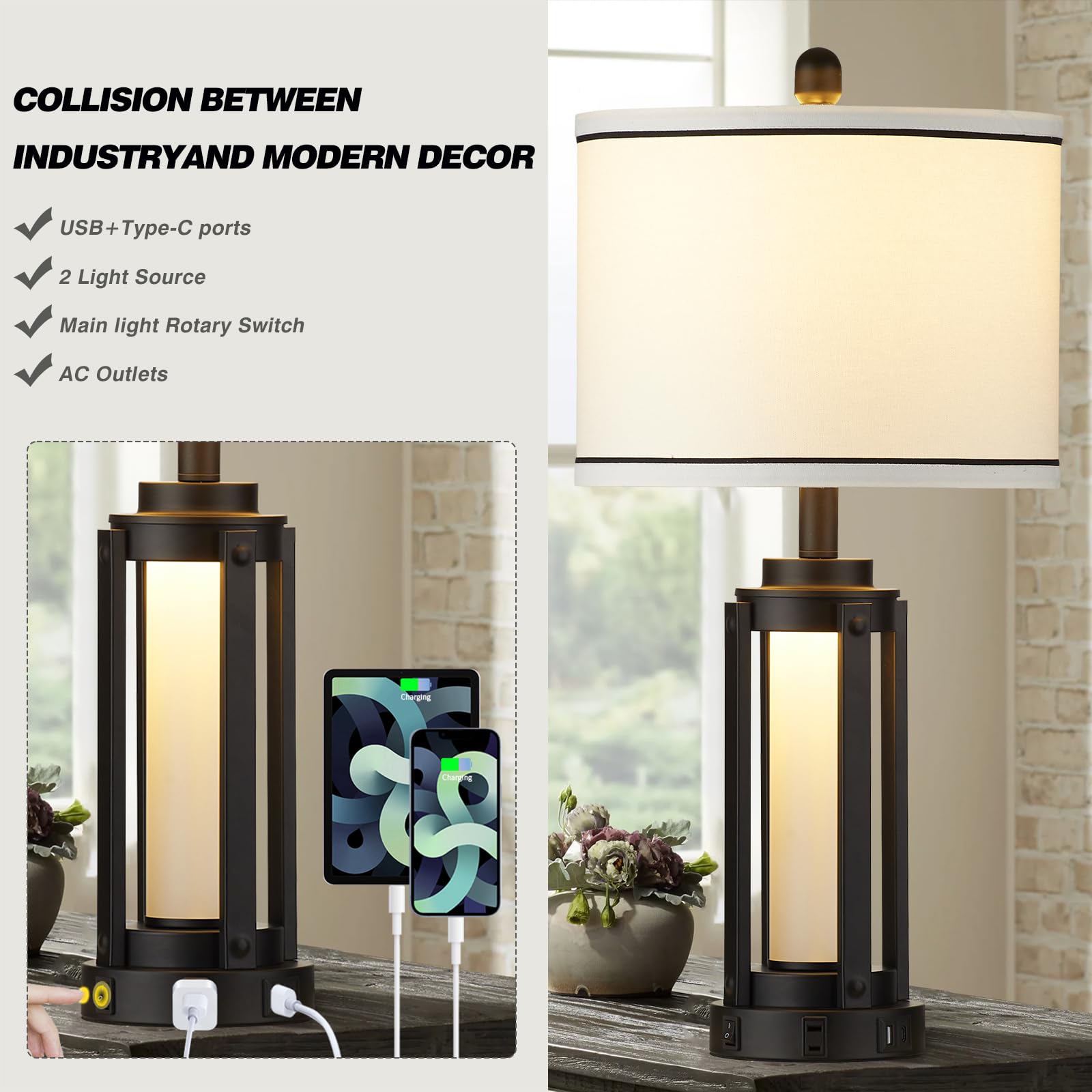 Modern Table Lamps For Living Room, Industrial Beside Lamps With Usb A+C Charging Ports & Ac Outlet, Rustic Nightstand Lamp With Glass Night Light For Bedroom End Table Entryway Black(4 Bulb Included)