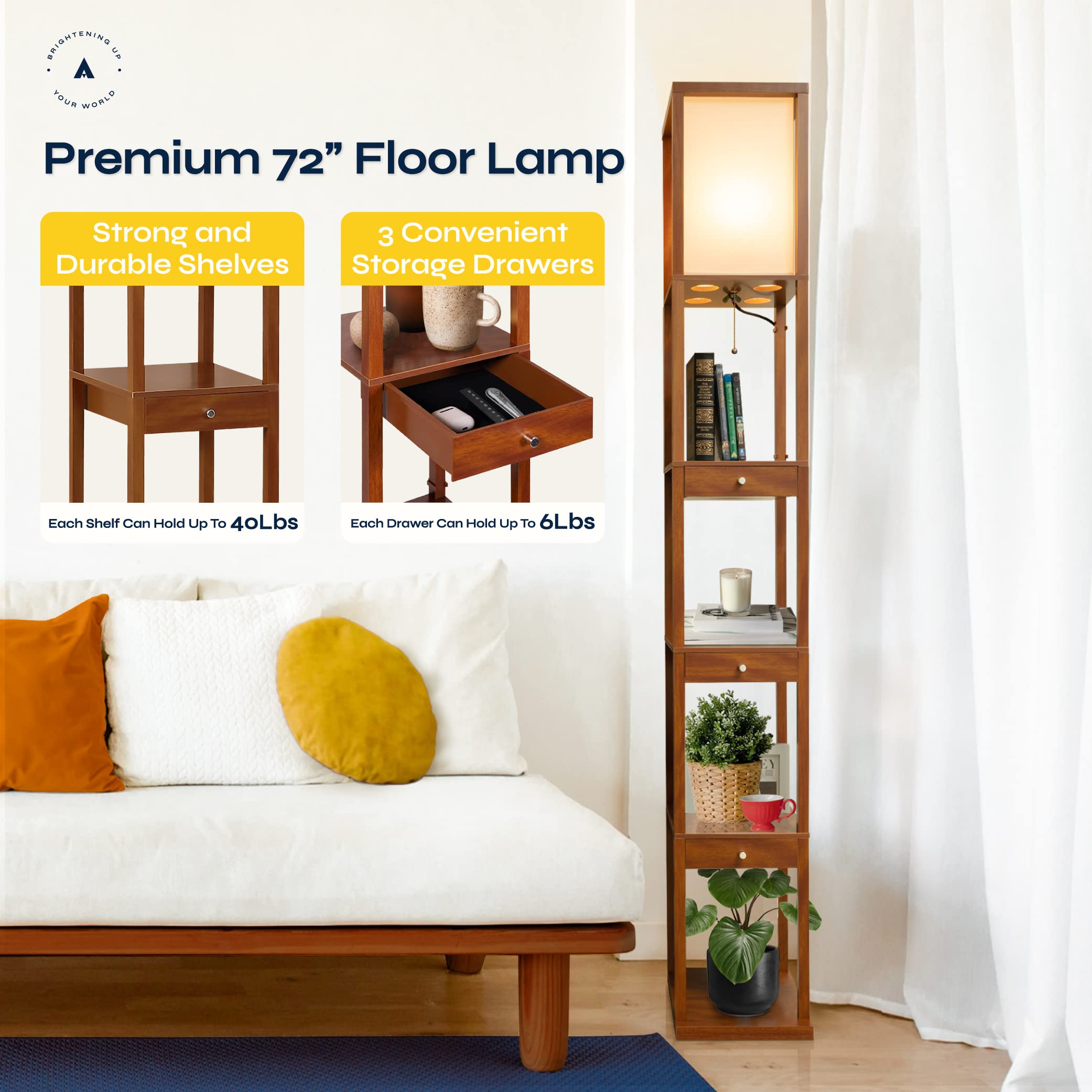 ATAMIN Shelf Floor Lamp with Storage Drawers - Wooden Standing Lamp with Pull Chain and Warm LED Lighting - Perfect for Bedroom,