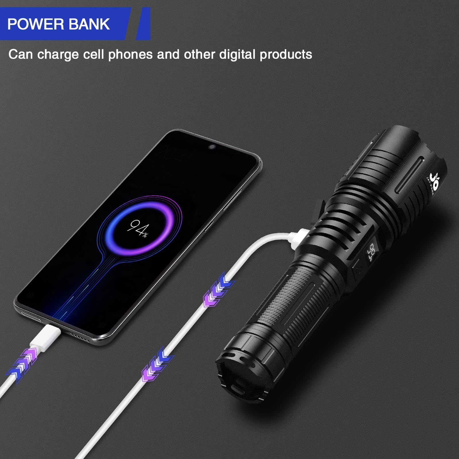 Jay-Park Rechargeable Flashlights 1000000 Lumen, Led Flashlight With Digital Power Display And Zoomable, Flashlights High Lumen Super Bright Long Distance For Camping, Bushcraft, Outdoor