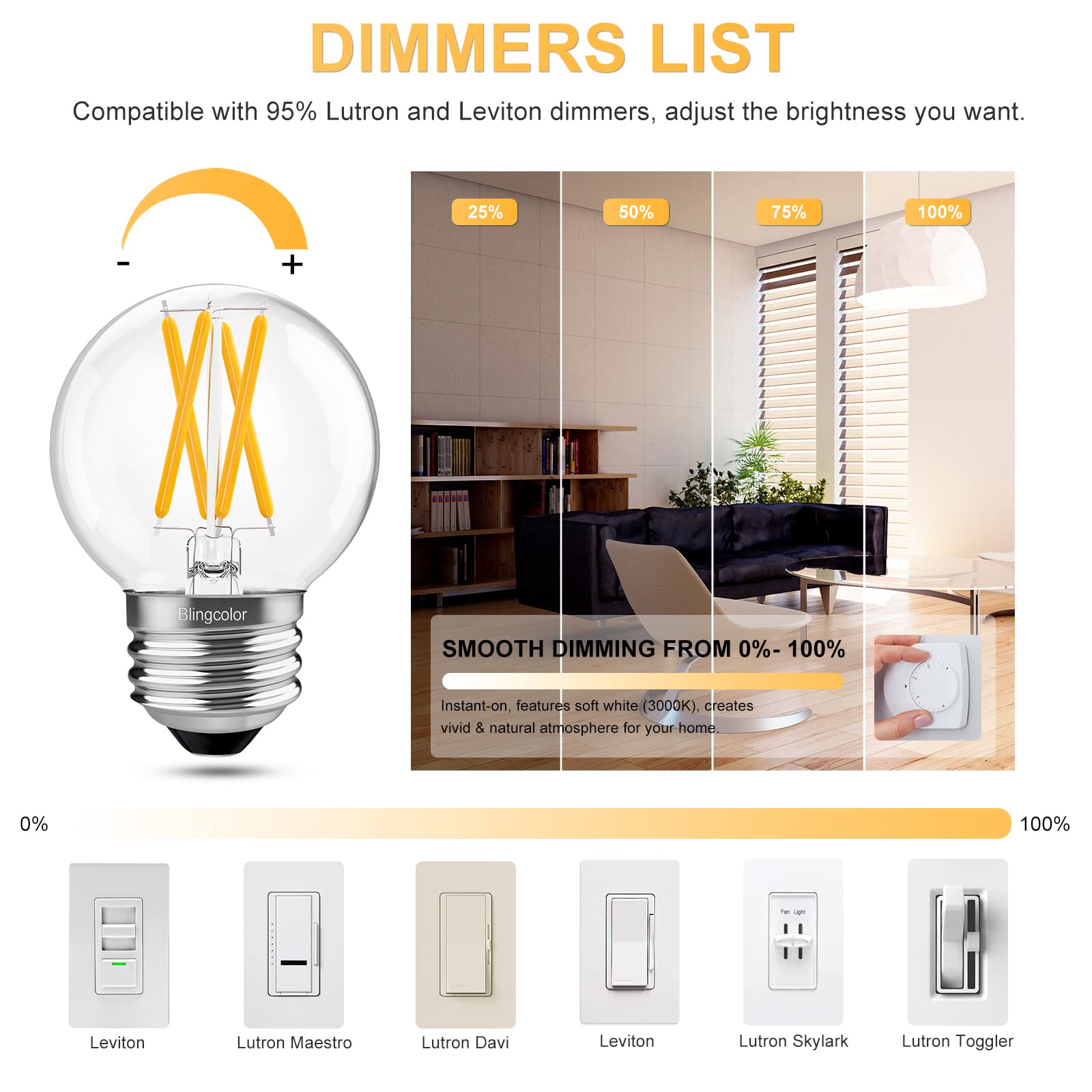 Blingcolor 6 Pack Dimmable G16.5 Led Light Bulbs 60 Watt, E26 Led Bulbs 60 Watt Soft White 3000K, 6W E26 Globe Led Edison Small