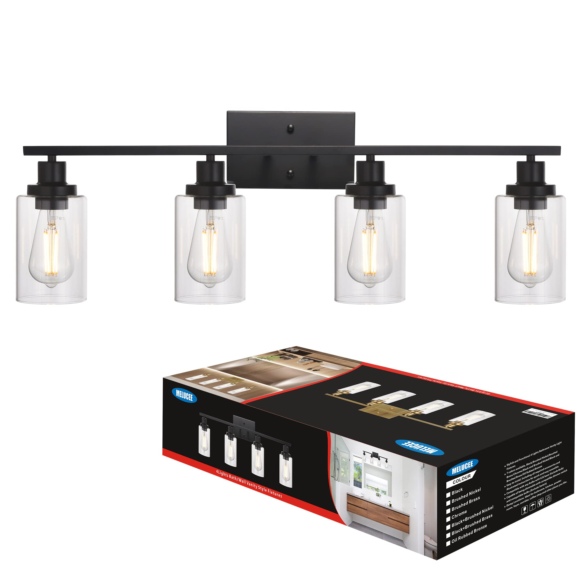 MELUCEE 4 Lights Sconces Wall Lighting Black with Clear Glass Shade, Industrial Bathroom Light Fixtures Vanity Lights Porch Ligh