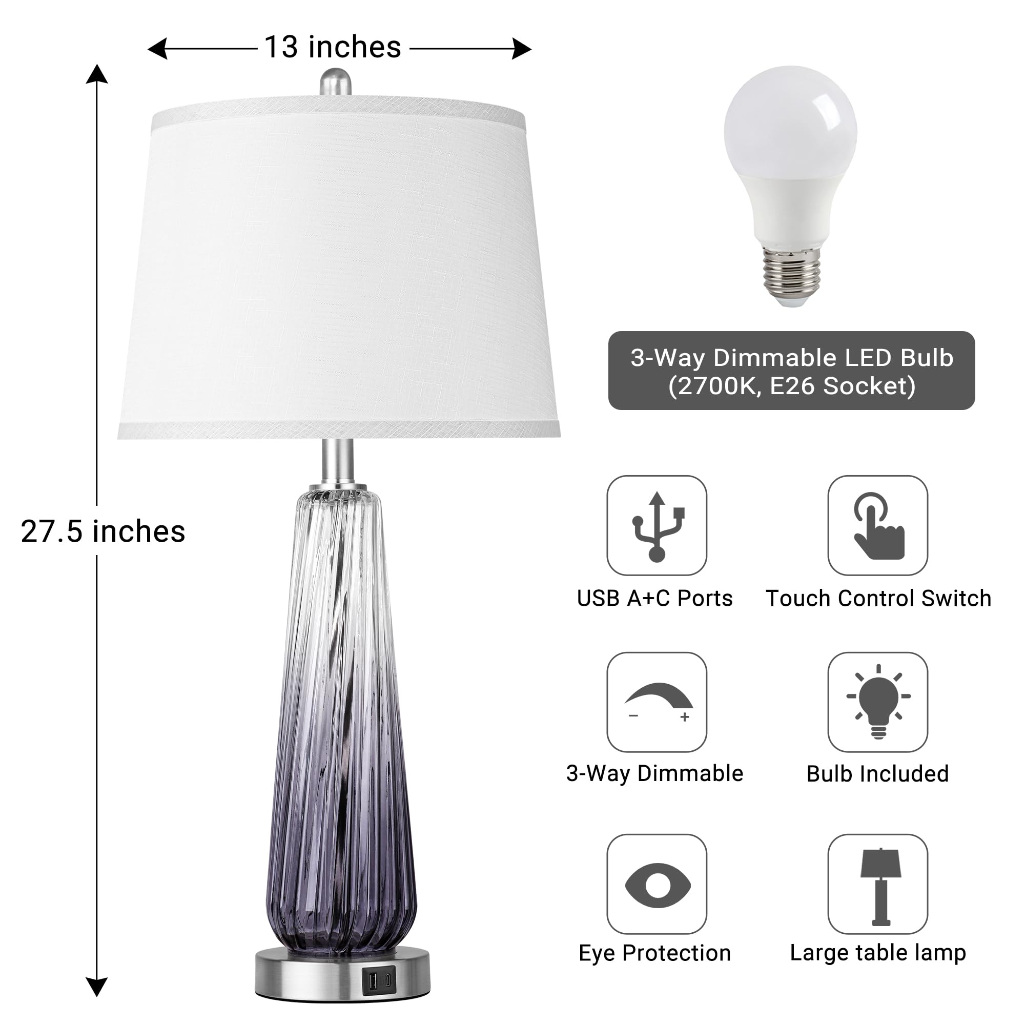 QiMH Glass Table Lamp with USB Ports, 3-Way Dimmable Touch Control, 27.5in Grey, Modern Nightstand Lighting, 1 Pack