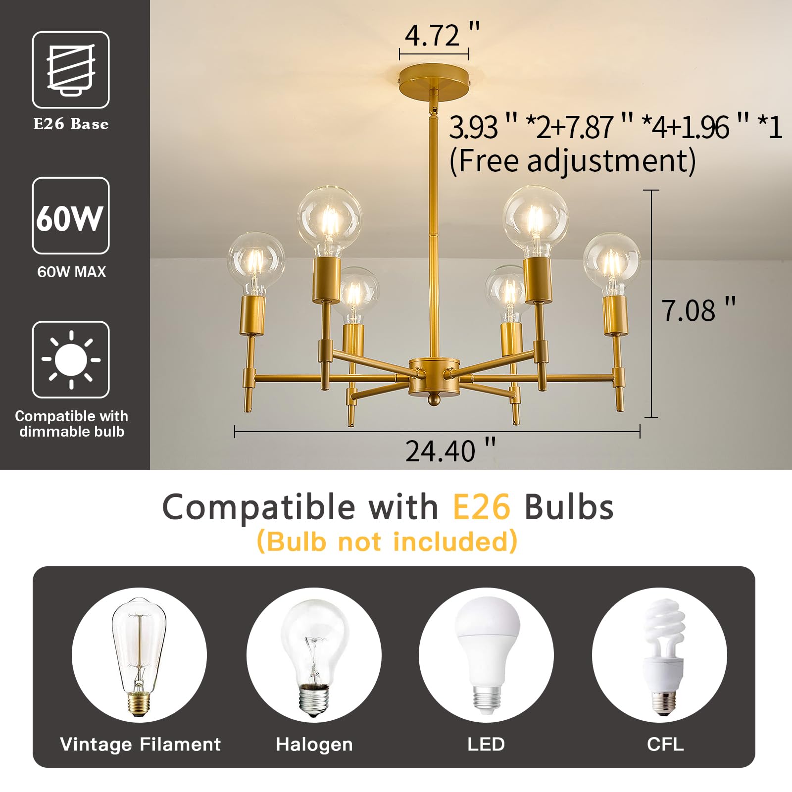 Asgyisa 6-Light Sputnik Chandelier Modern Gold Metal Semi Flush Mount Ceiling Light Fixture Industrial Pendant Lights Farmhouse