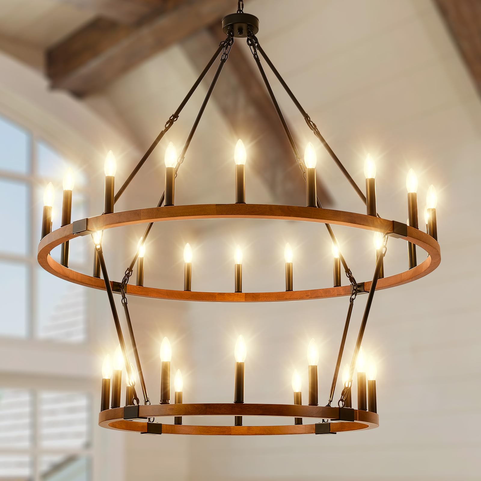 HHR 2 Tier 48 Solid Wood Wagon Wheel Chandelier  32-Light High Ceiling Island Lights Fixtures  Rustic Large Chandelier for Farmhouse Dining Room Bedroom Entryway Living Room Caf? E12