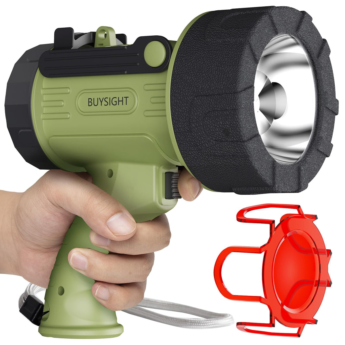 BUYSIGHT Rechargeable Spotlight Flashlight, 1000,000 lumens Hand held Spot Lights Waterproof led Flashlight Hunting Lamp with red Filter (Matcha Green)