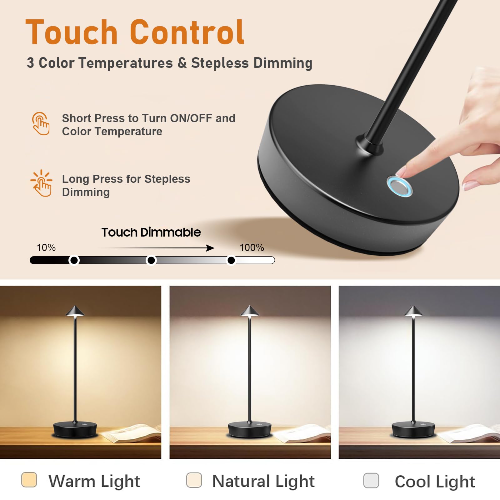 Tpczqj Set of 2 Cordless Table Lamps, 6000mAh LED, Touch 3 Color Dimming, 13inx4in, Black