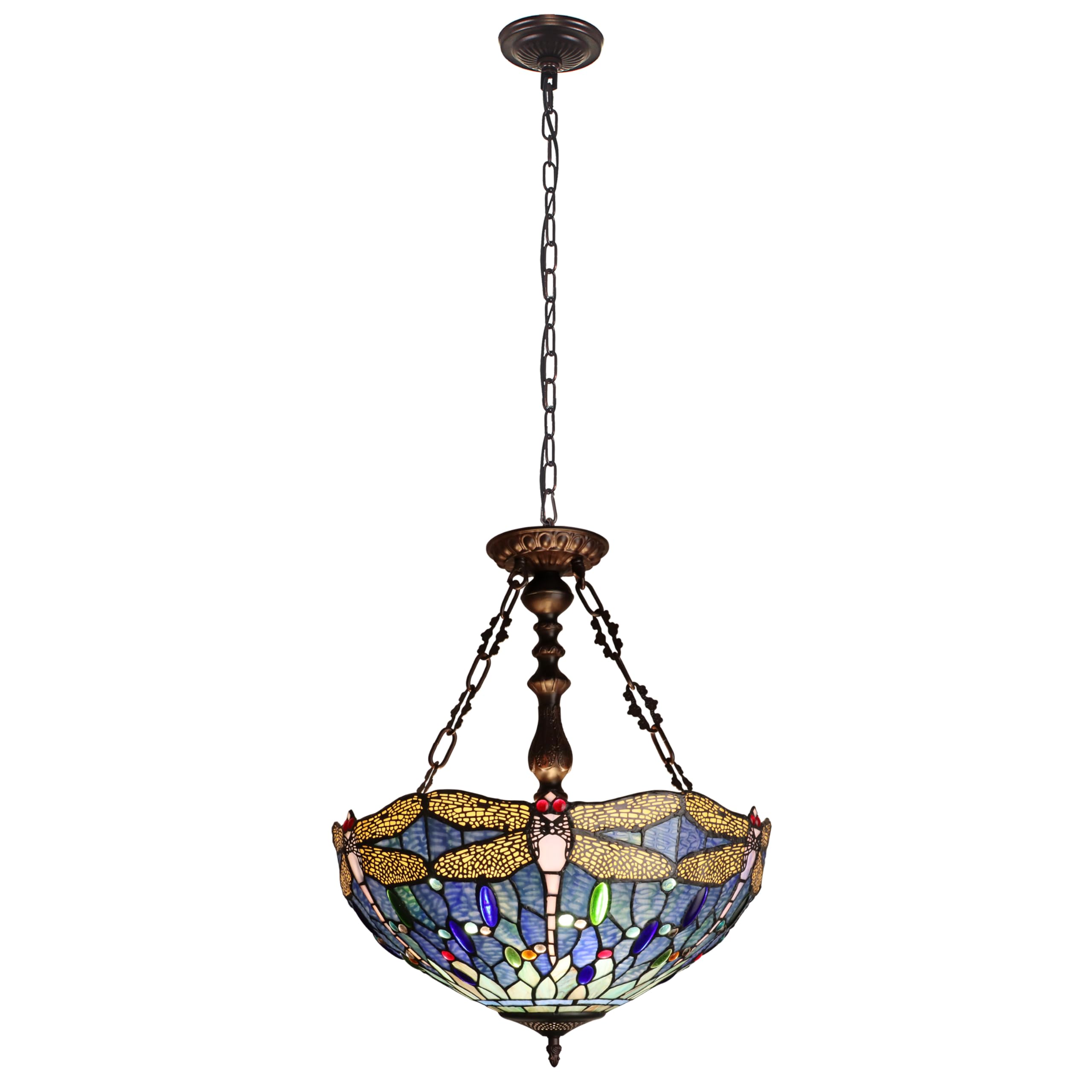 Chloe Lighting Dragonfly Tiffany-Style Inverted Ceiling Pendant 3-Light 18in Shade Multicolor Model CH3T524BD18-UP3