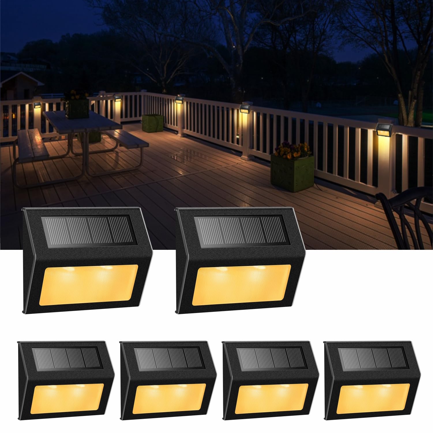 XLUX Solar Lights for Steps Decks Pathway Yard Stairs Fences, LED lamp, Rainproof, Black Metal Housing, 6 Pack