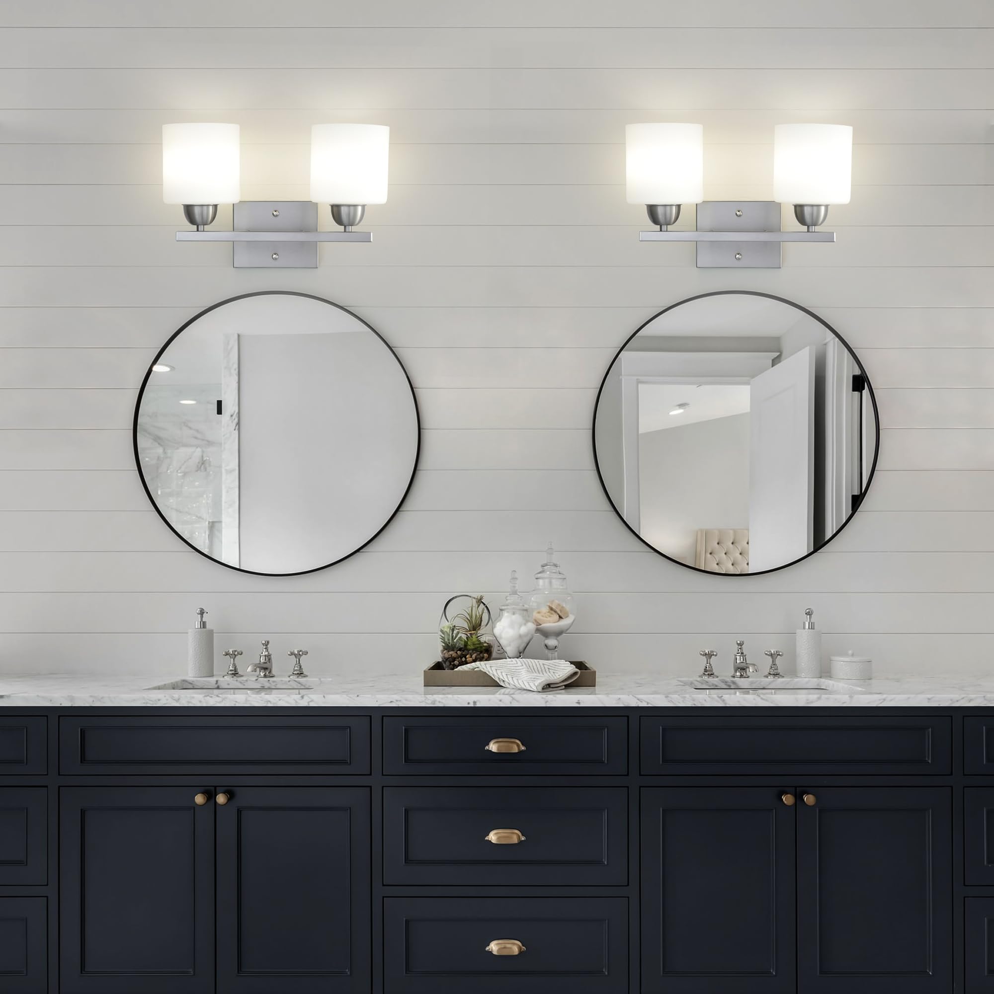 Mecgirn Stainless Steel Milk Glass Bathroom Vanity Light Over Mirror, 2 Light Brushed Nickel Bathroom Light Fixtures With Froste