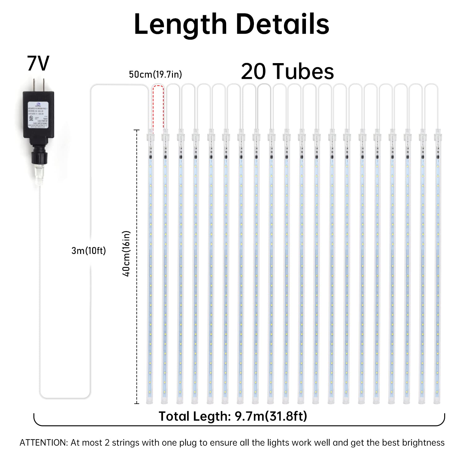 Aluan 16&quot; Warm White Meteor Shower Rain Lights, 20 Tubes 720 Leds For Outdoor Holiday Decor