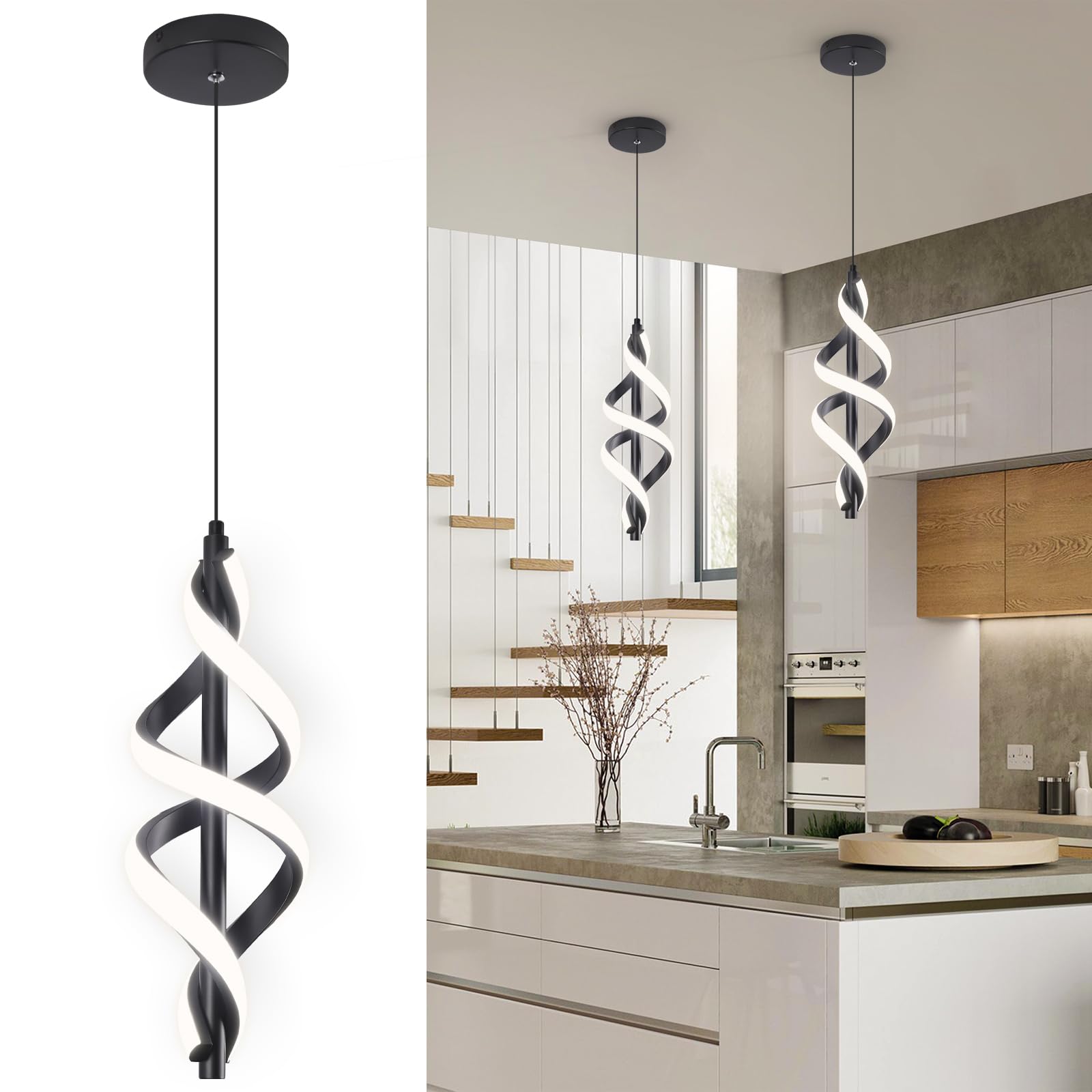 Vloitgol Black Pendant Light 4000K Modern LED Pendant Lights Kitchen Island Adjustable Pendant Lighting Over Island Hanging Pendant Light Fixtures for Kitchen Dining Room Hallway Foyer 1 Pack