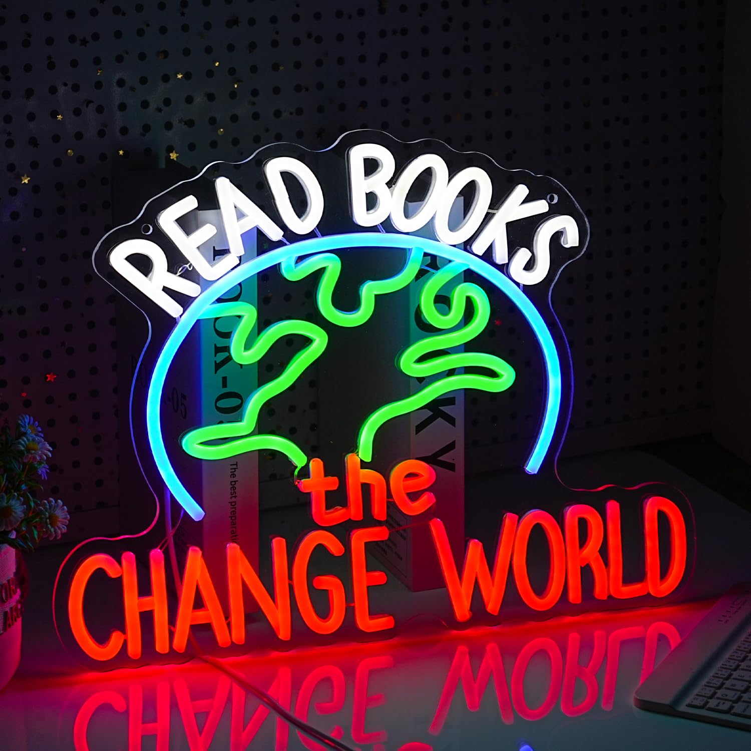 GNVETZLL LED Neon Sign - Read Books Change The World - Dimmable, USB Powered, Acrylic, 16.5x12.6In, White Green Blue Red