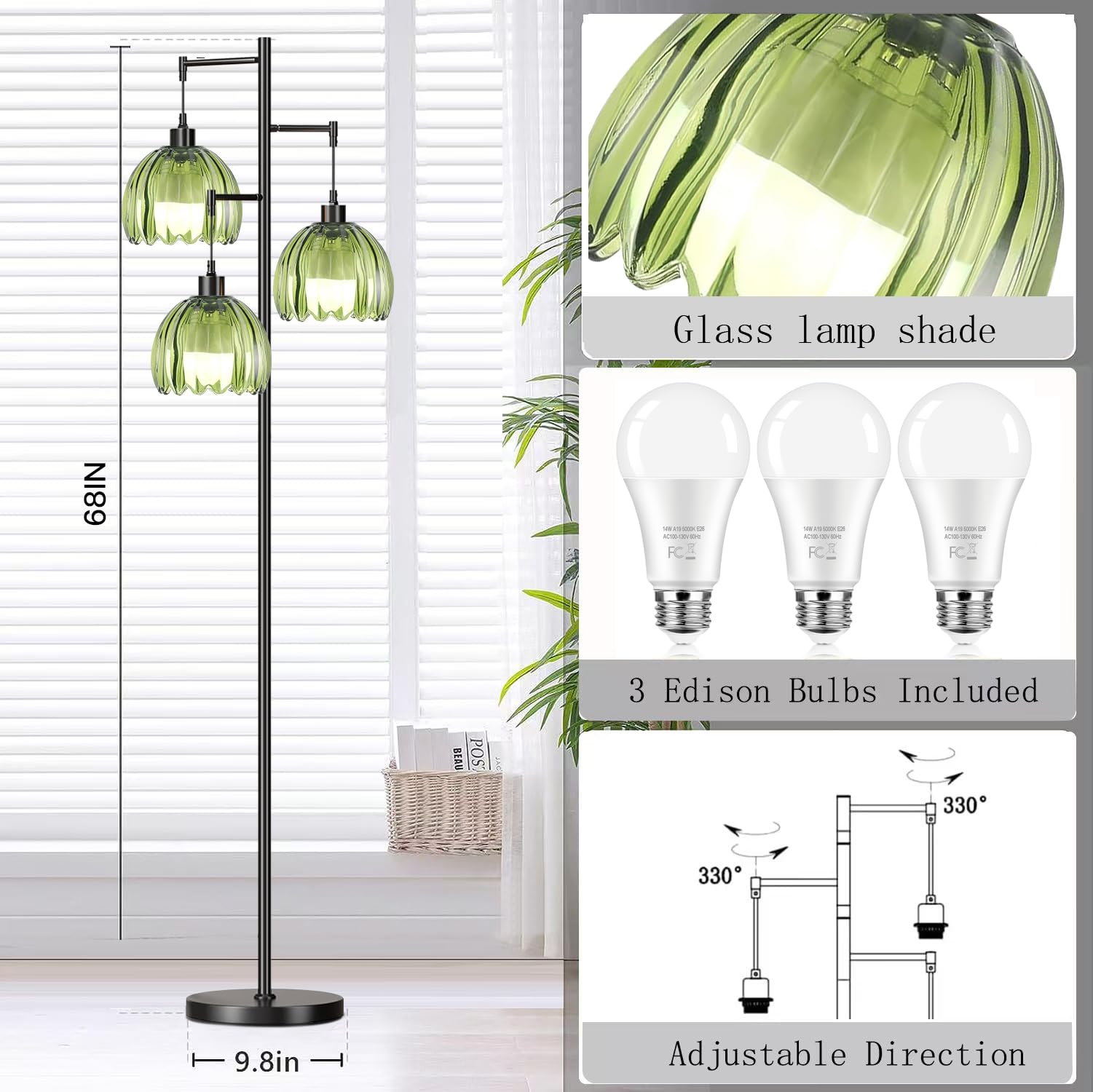 Illmtw Glass Floor Lamp For Living Room,Bedroom,Black Mid Century Modern Standing Lamp Brass Tree 3 Light Tall Floor Lamps Vinta