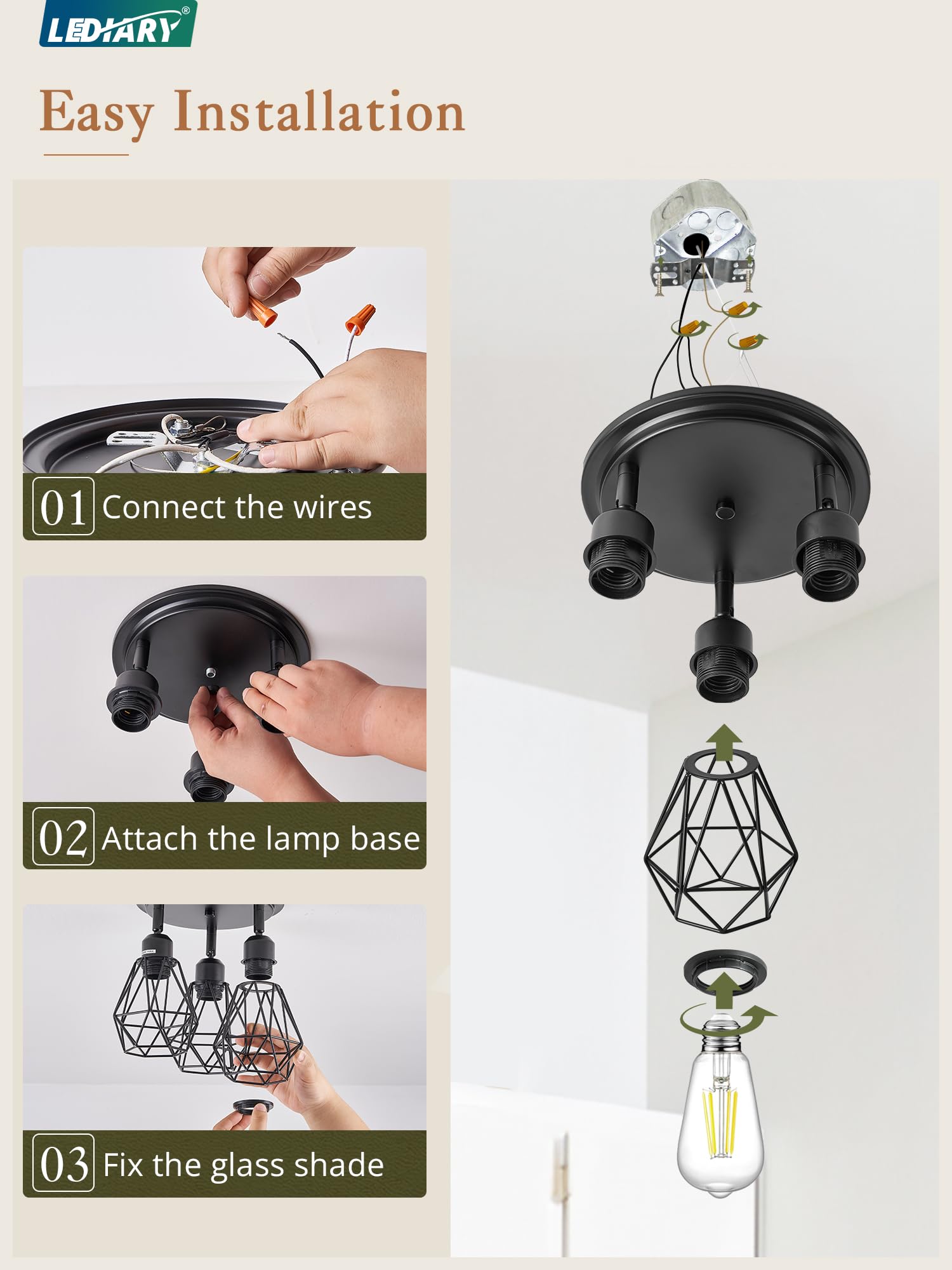 LEDIARY Semi Flush Mount Ceiling Light Fixture, 360 Adjustable Direction 3-Light Kitchen Light Fixtures, Black Farmhouse Cage Li