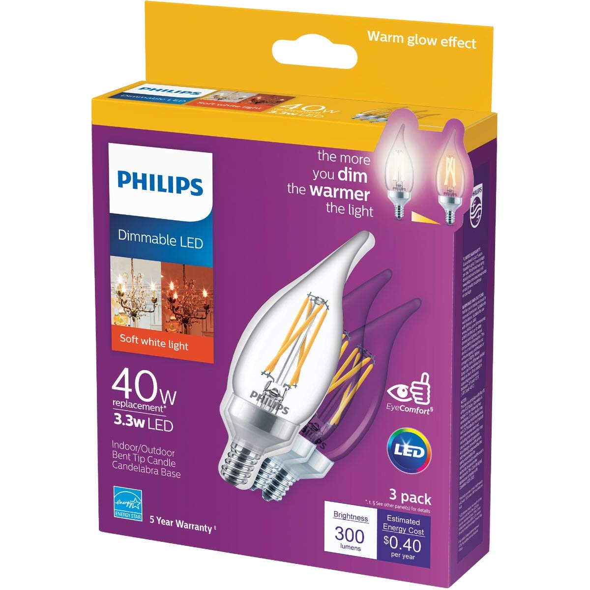 Philips Dimmable Led Bulb Ba11 Candelabra (E12) Soft White 3.3W (40W Equivalent) Clear- Pack Of 3