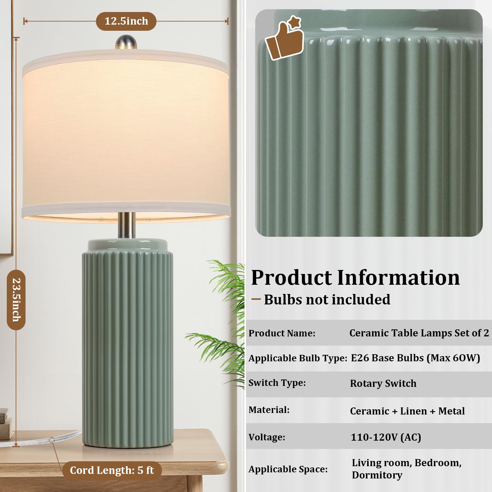 Tobusa 23.5 Modern Green Ceramic Table Lamps Set Of 2 For Living Room, Farmhouse Ceramic Bedside Nightstand Lamps For Bedroom, V
