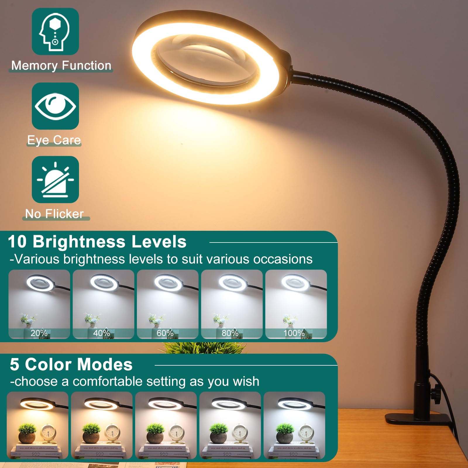 Ivmaie 10X Magnifying Glass With Light And Clamp, 5 Inch Real Glass Magnifying Desk Lamp With Stand, Long Gooseneck, 5 Color Mod