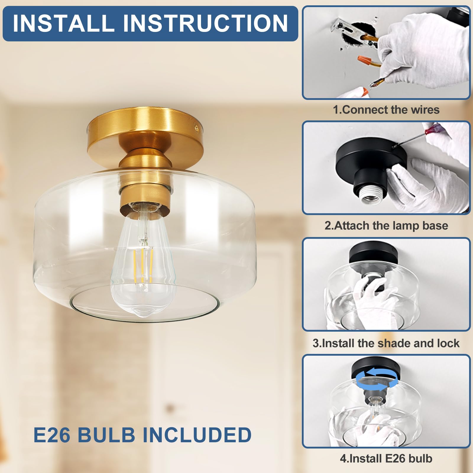 Industrial Semi Flush Mount Ceiling Light: Gold Kitchen Lighting Fixtures Ceiling With Clear Glass - Vintage Hallway Light Fixtu