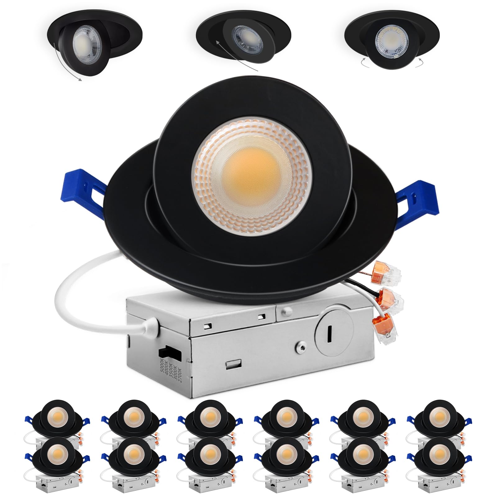 Adetu 4 inch 5CCT Gimbal Black Led Recessed Lights, 360+90 Adjustable Directional Recessed Lighting, 2700K-5000K Dimmable Retrof