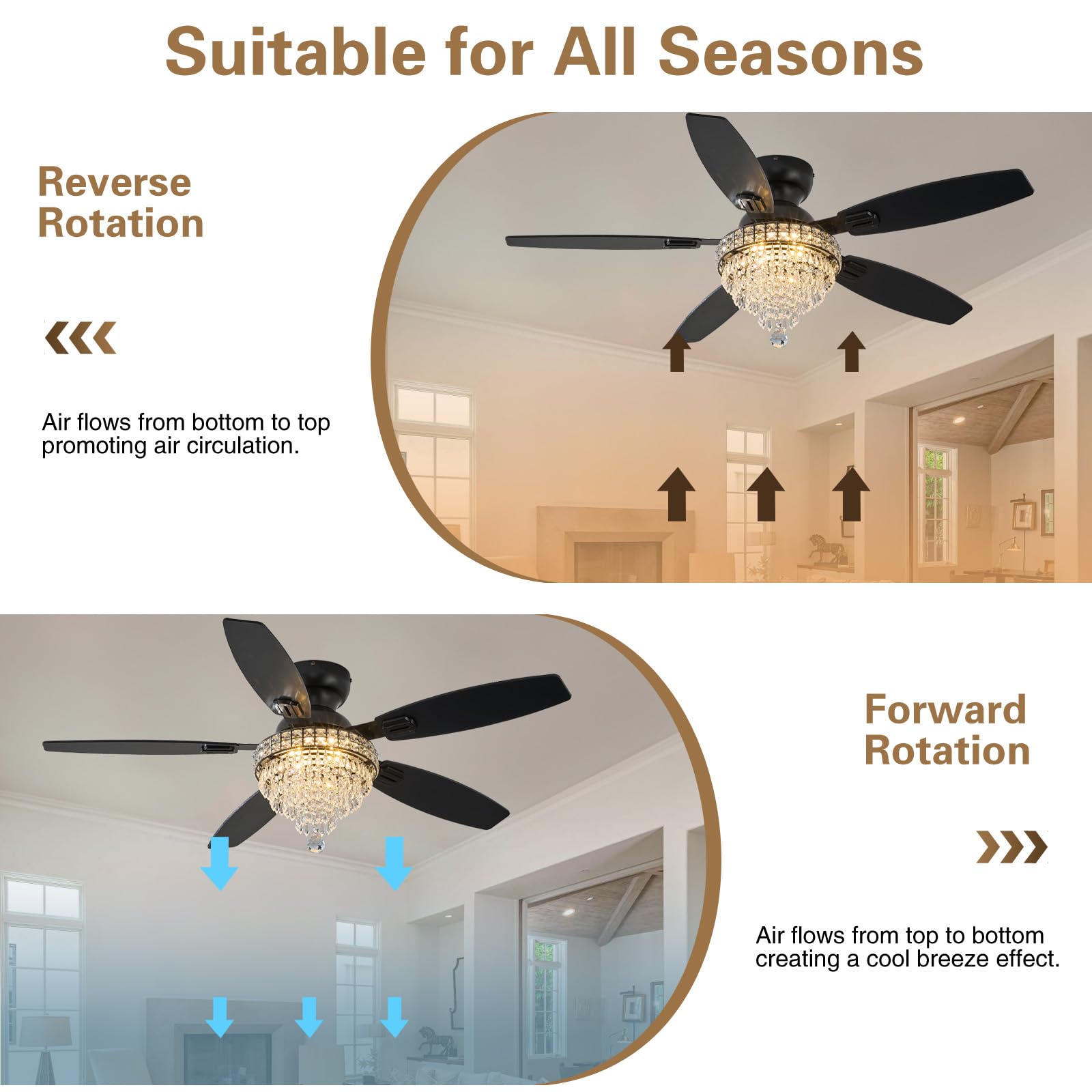 Fanyank Crystal Ceiling Fan Fandelier with Lights, 50" Black, Low Profile, Remote Control, Dimmable, Reversible, Noiseless