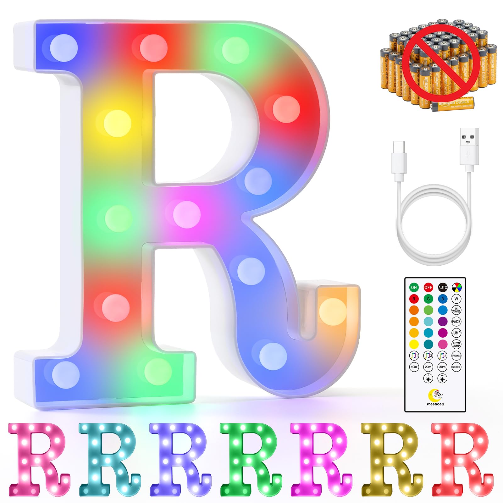 Mooncow Rechargeable Light Up Letters,Colorful Marquee Letters With Remote,Gift Wrap Gifts,Bedroom Home Bar Party Decor (R)