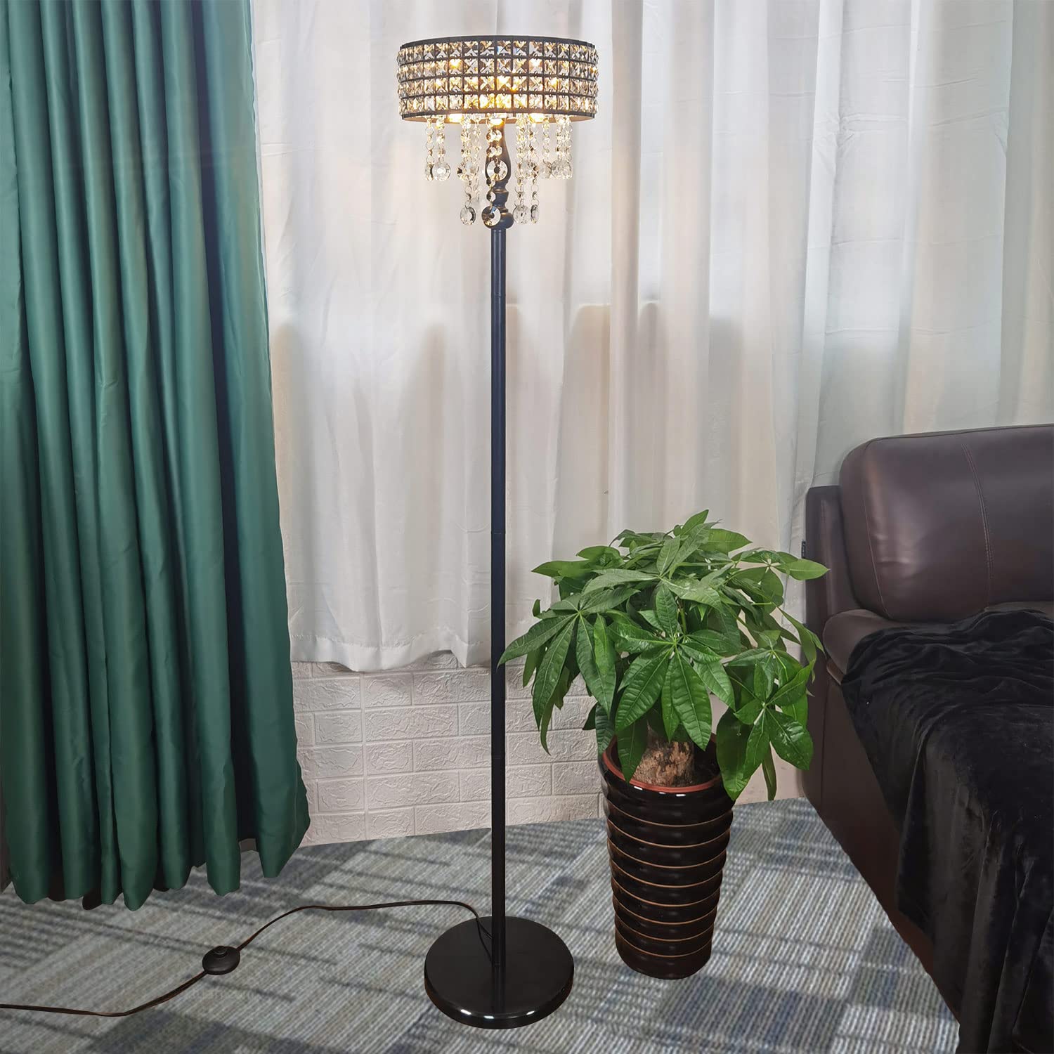 beaysyty Modern K9 Glass Crystals Floor Lamp, 3-Lights Black Reading Light for Living Room & Bedroom