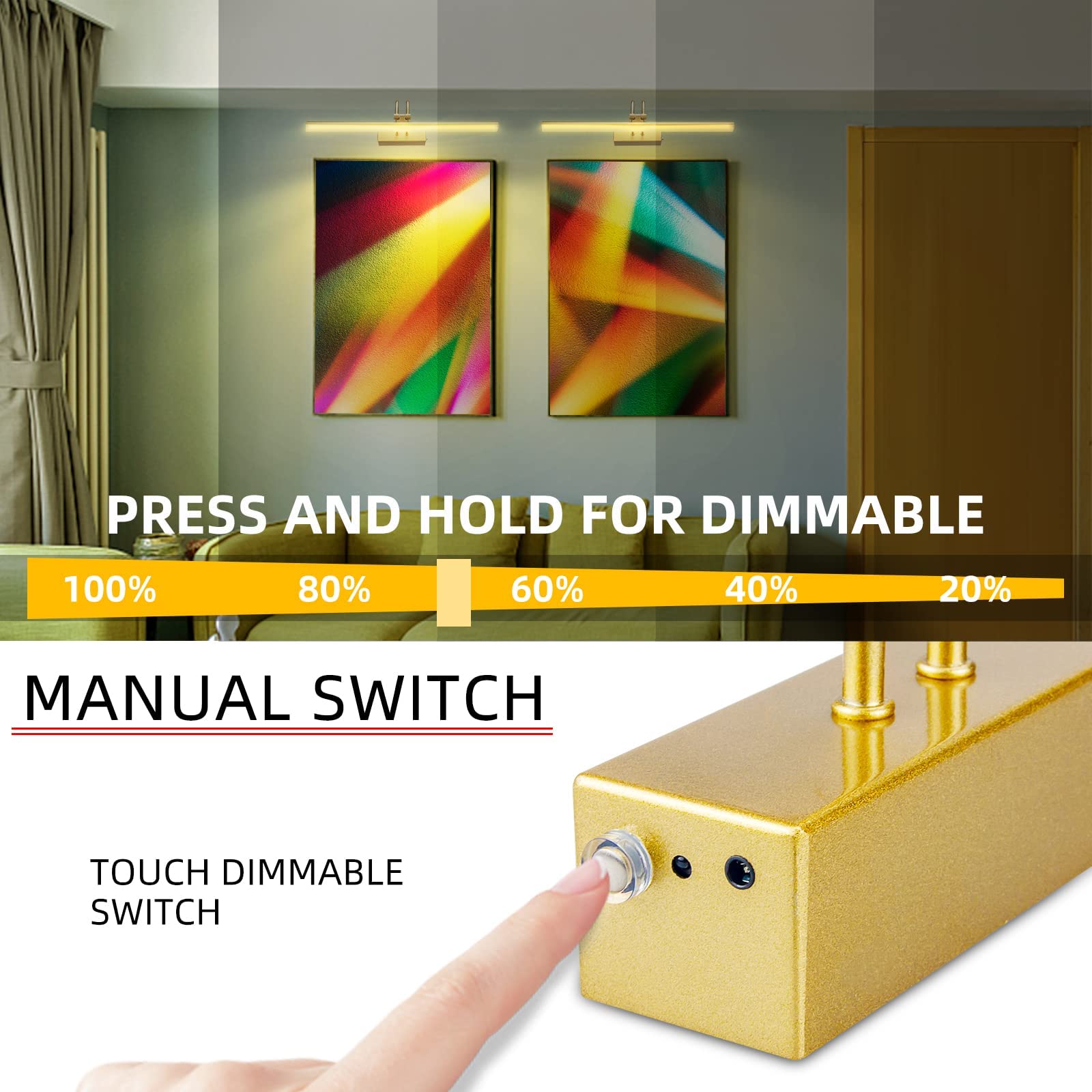 RAIFOOLLY Picture Light, 16in Battery Operated Art Light, Dimmable, Metal, Brass, Model RF00123