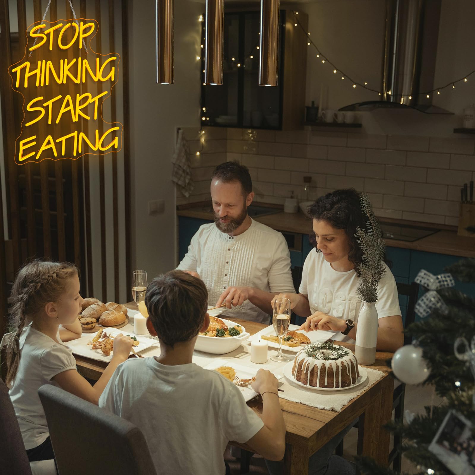 Dreamfort Stop Thinking Start Eating Neon Sign - Fun Led Wall Decor For Restaurants  Kitchens & Food Lovers  Usb-Powered With Adjustable Brightness  Humorous Dining Lighting