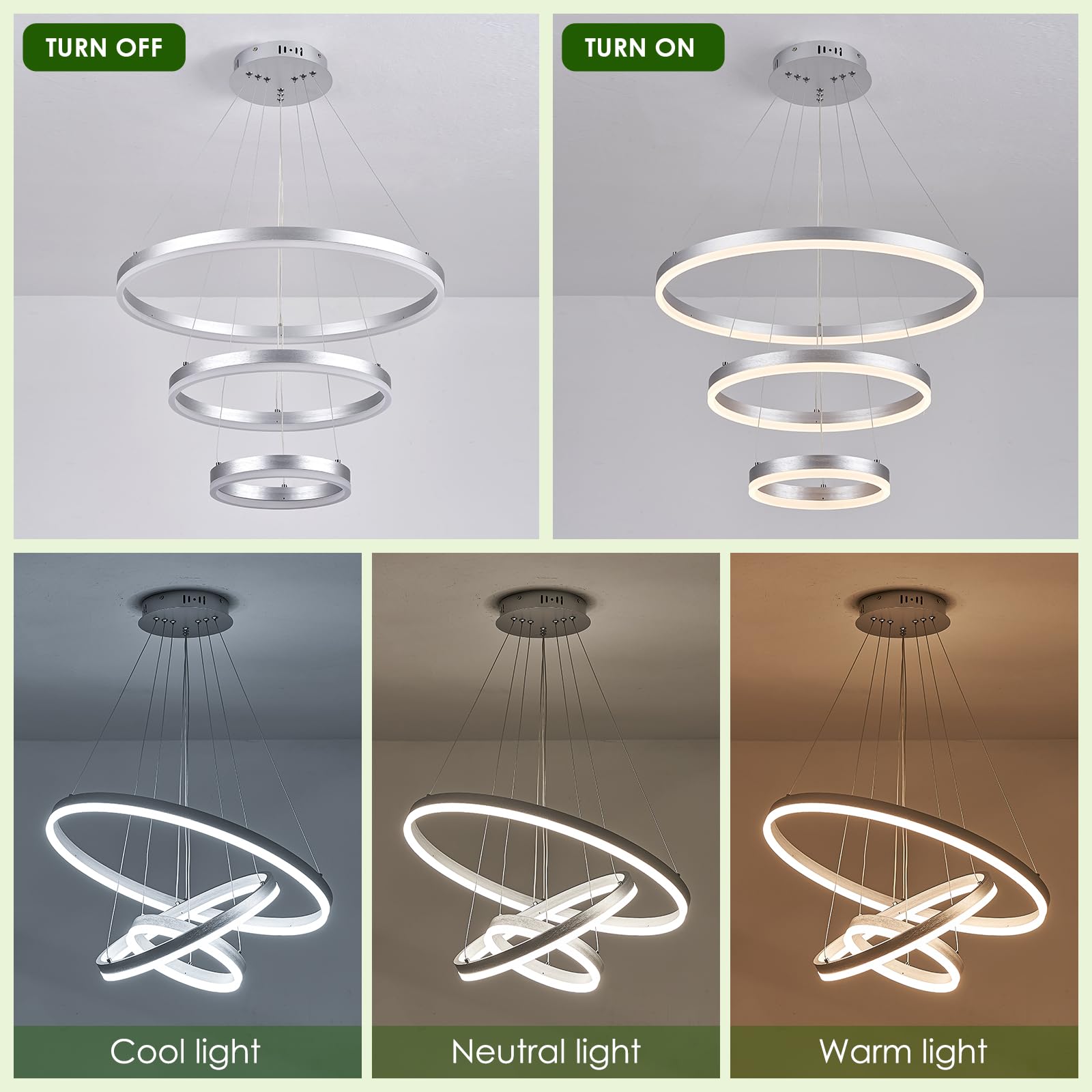 Benkut 3-Rings D23.6 Modern Led Chandelier Silver Dimmable Pendant Lighting With Remote Control Circular Flush Mount High Ceiling Light For Dining Room Living Room Bedroom Entrance Foyer, 3000K-6500K
