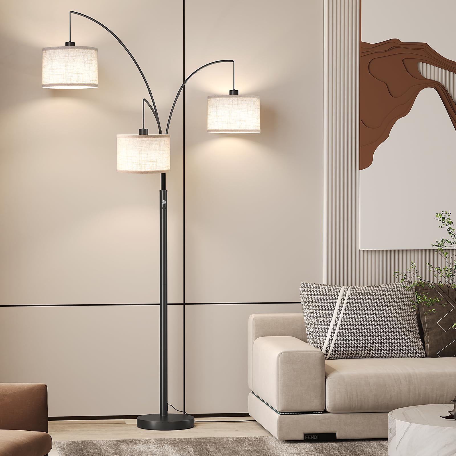 SUNMORY 3 Lights Floor Lamp, 78" Tall Metal Arc Lamp, Black with Drum Shade, Mid Century Design for Living Room, Bedroom, Office