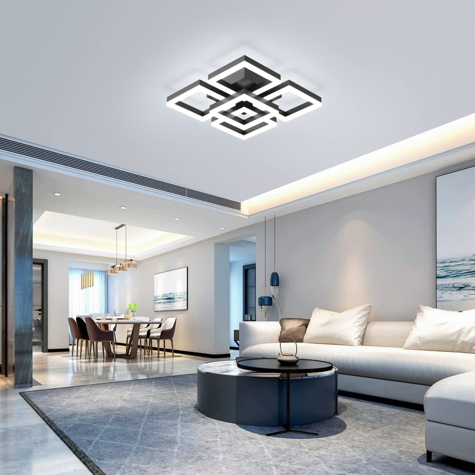GEADI Modern LED Ceiling Light 64W Dimmable Black Flush Mount 17.7in Acrylic Chandelier for Living Room/Bedroom/Office, Model 9098FM-5BWJ