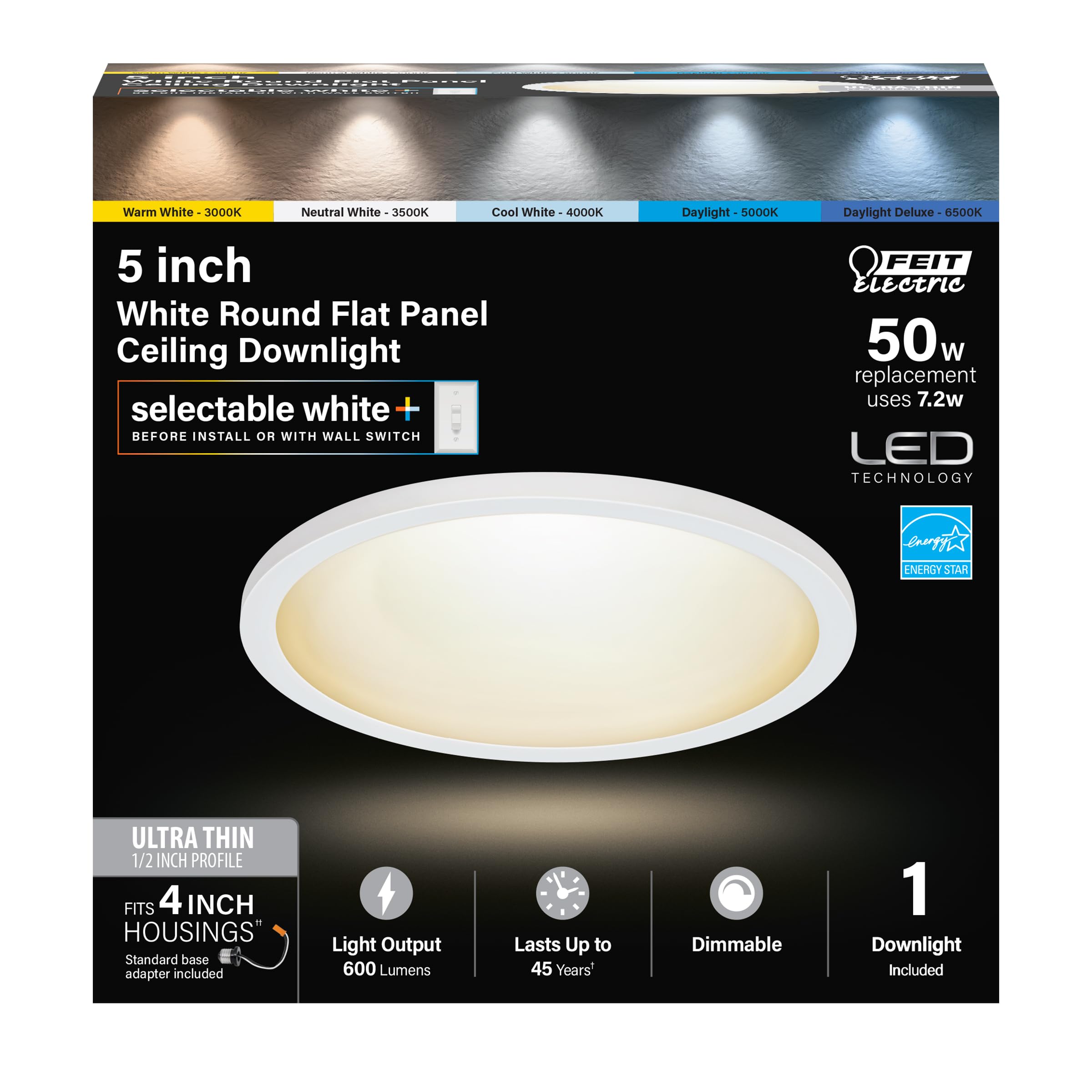 Feit Electric 4 Inch LED Ceiling Downlight, Dimmable Flat Panel Ceiling Light with Color Selection, Dimmable, Fits Most 4 Inch R