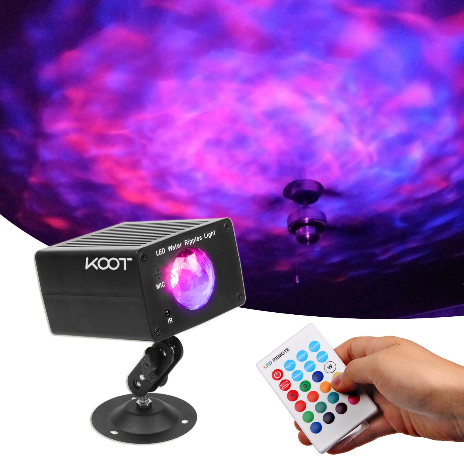 KOOT 16 Color Water Ripple Lights, LED Projector, Sound Activated, Small, Black