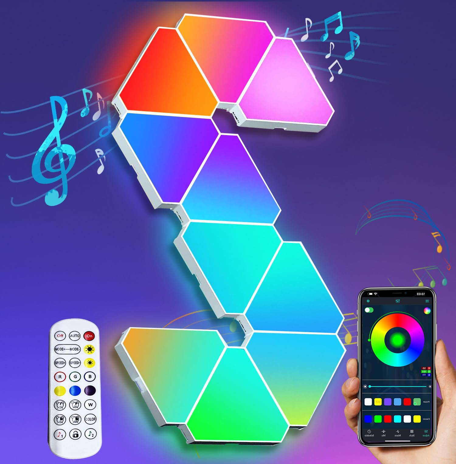 Amailtom Triangle Light Panels, RGB LED Wall Lights, 10 Pack, ABS, 5 x 4.3 x 1 inch, Music Sync, APP & Remote Controlled