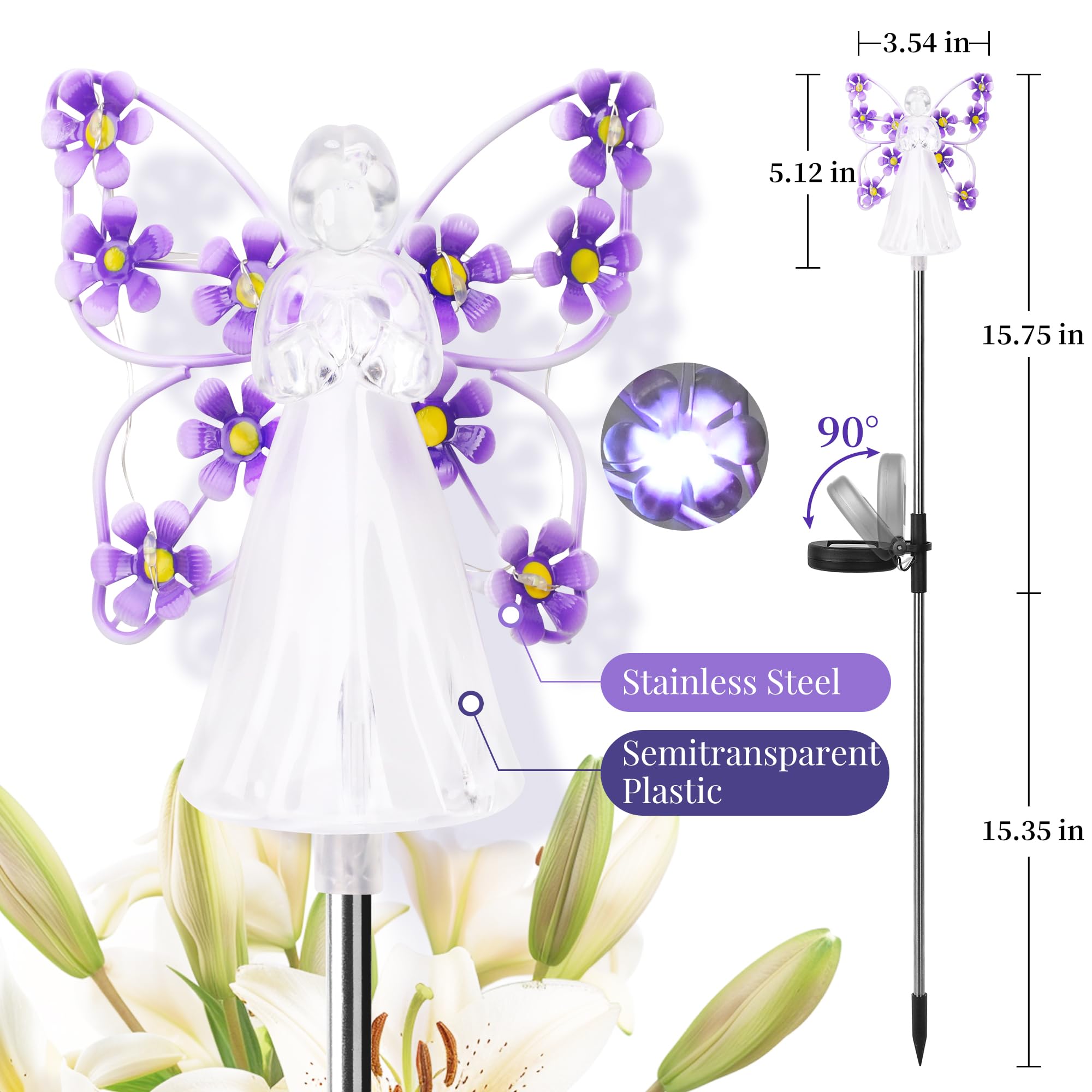 GIGALUMI Solar Angel Garden Stake Lights - 2 Pack, Cold White, Model 8392, 7 LEDs for Memorial and Garden Decorations