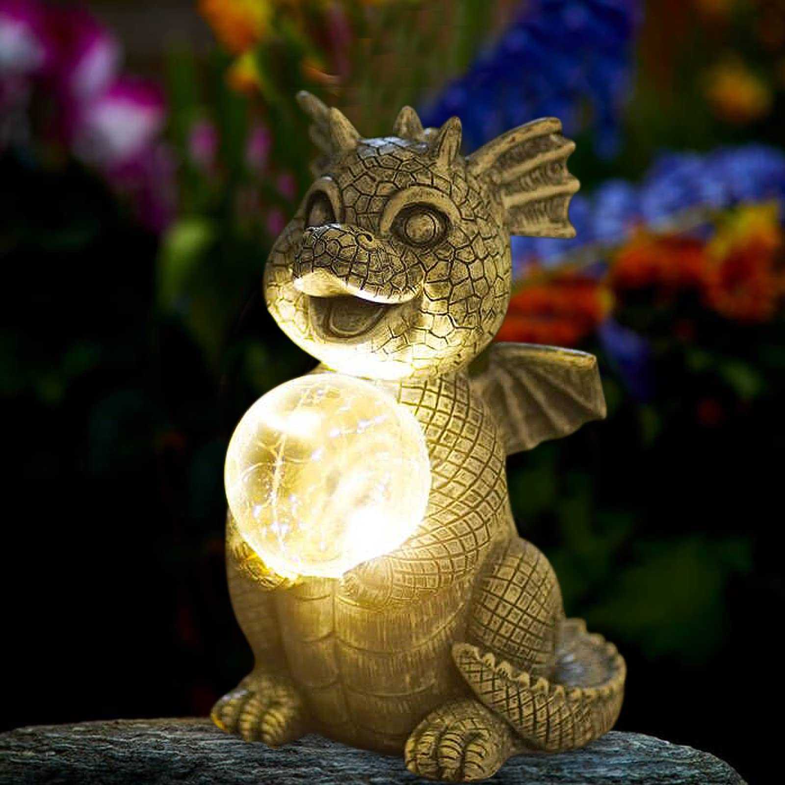Qeeman Garden Decor Solar Statue - Dragon Hold LED Lights, Polyresin, Outdoor Yard Art for Mom, Grandma, Wife,  Front Patio Decorations